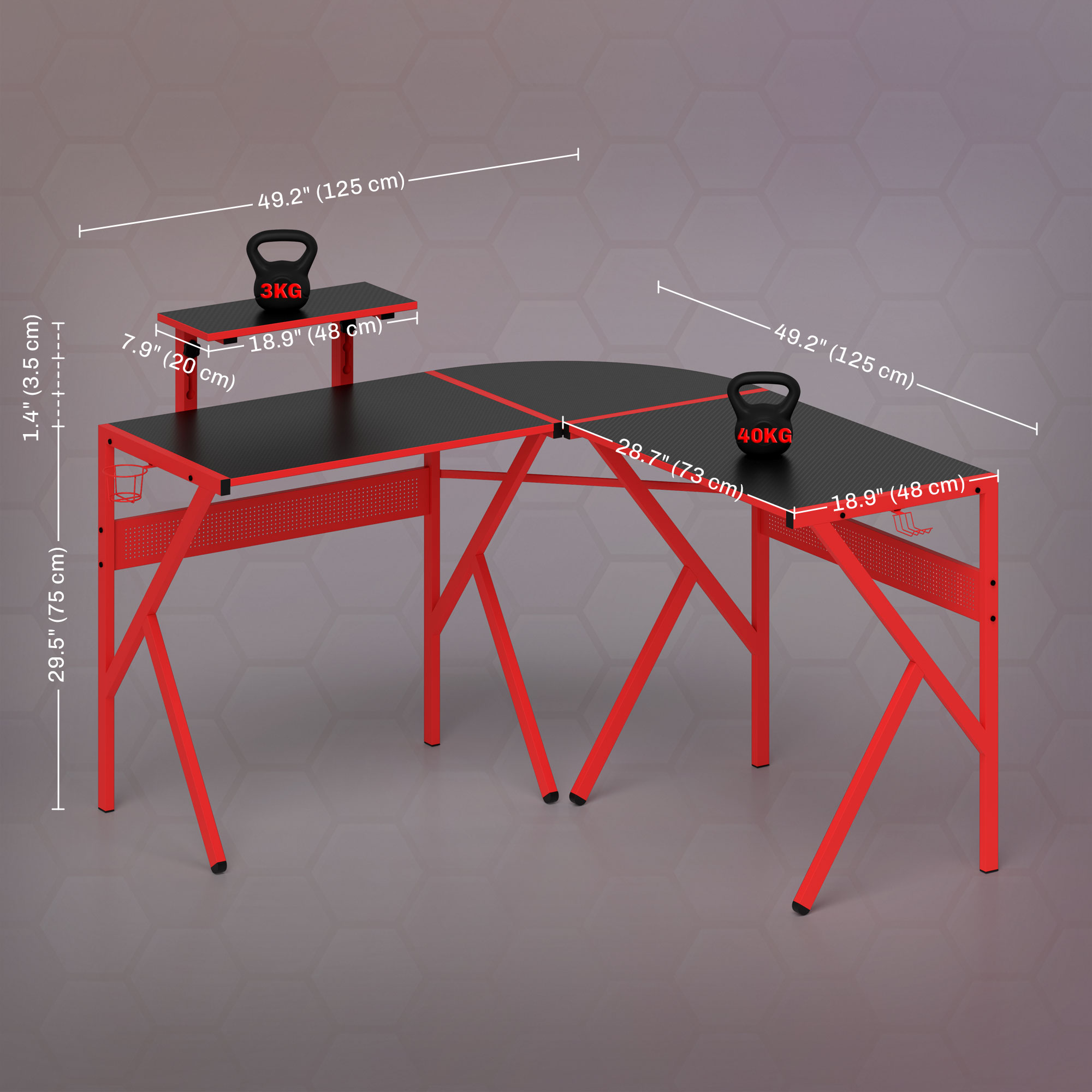 HOMCOM Gaming Desk L-Shaped Corner Computer Table for Home Office PC Workstations with Adjustable Monitor Stand Cup Holder Headphone Hook 125x125x75cm, Red 3
