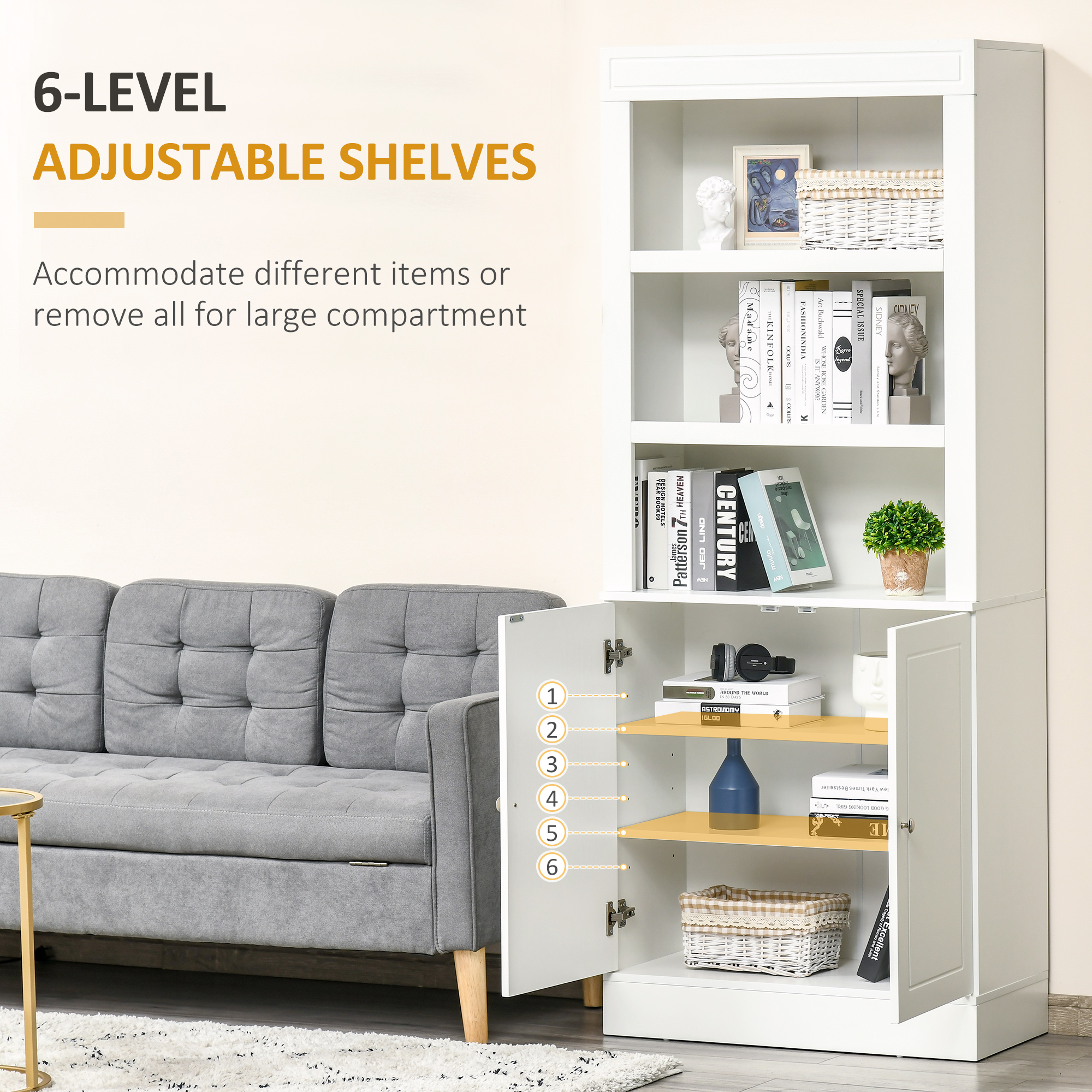 HOMCOM Kitchen Cupboard with 6-tier Shelving, Freestanding Storage Cabinet, Pantry Cupboard with 3 Open Compartments and Double-door Cabinet with Adjustable Shelves, White 5