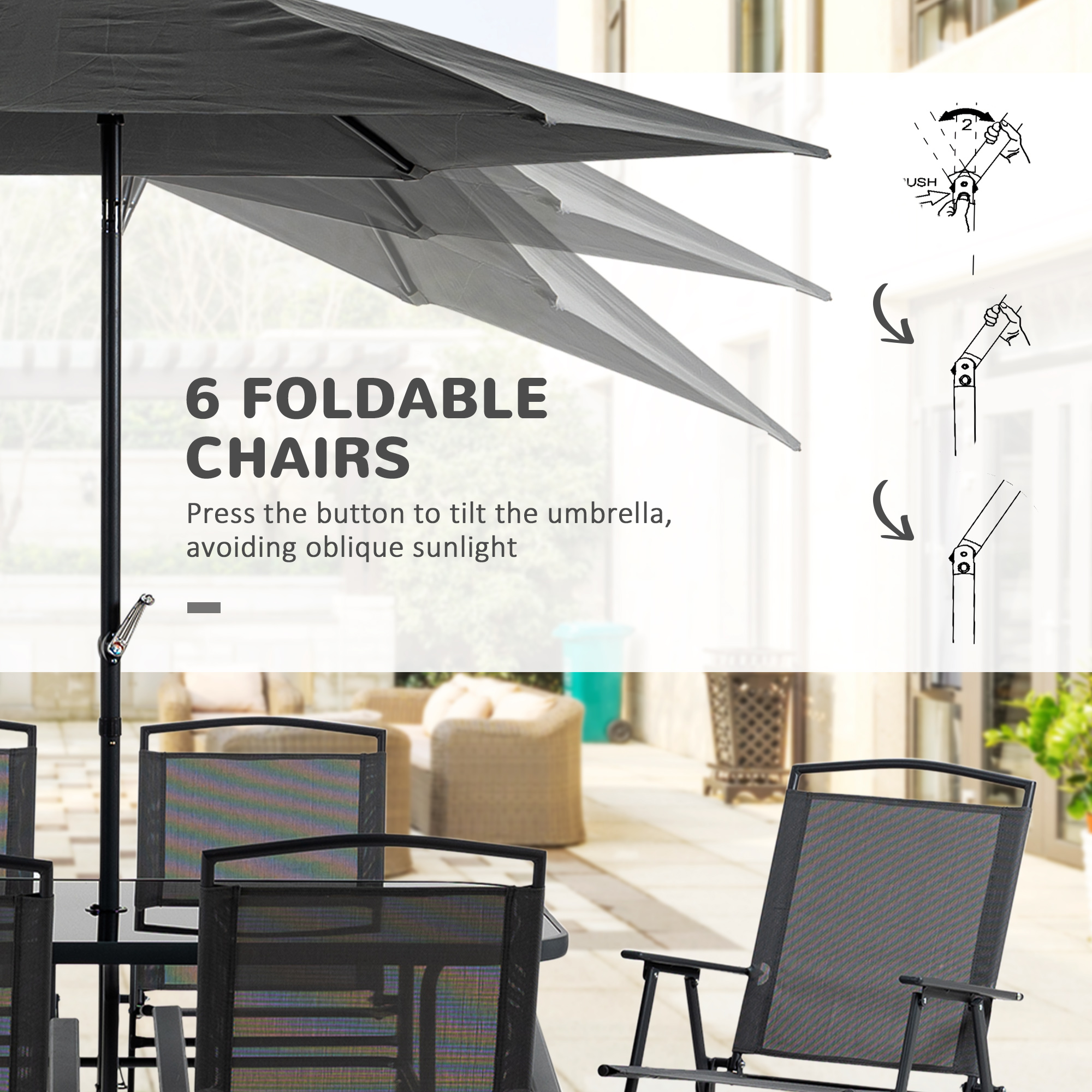 Outsunny Eight-Piece Garden Dining Set, with Chairs, Table and Parasol Black 6