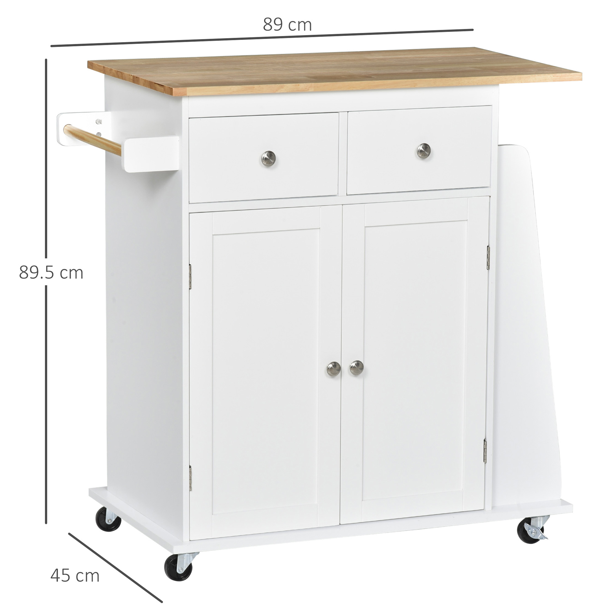 HOMCOM Kitchen Island on Wheels, Mobile Storage Trolley, Rolling Kitchen Cart with Rubber Wood Top, 2-Door Cabinets, 2 Drawers, Adjustable Shelf, 3-Tier Spice Rack, Drawers 3