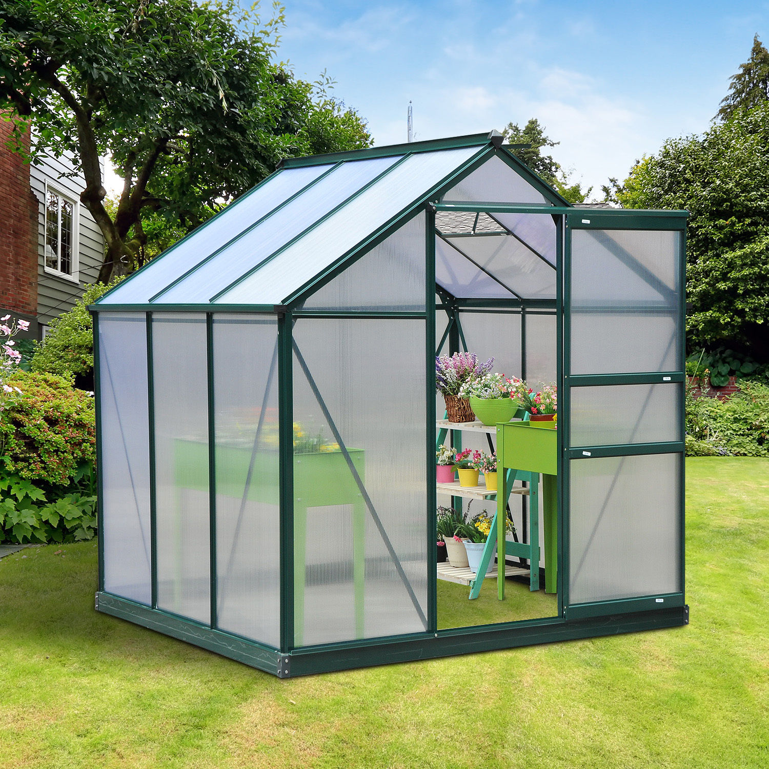 Outsunny 6 x 6ft Polycarbonate Greenhouse, Large Walk-In Green House with Slide Door and Window, Garden Plants Grow House with Aluminium Frame and Foundation, Dark Green 2