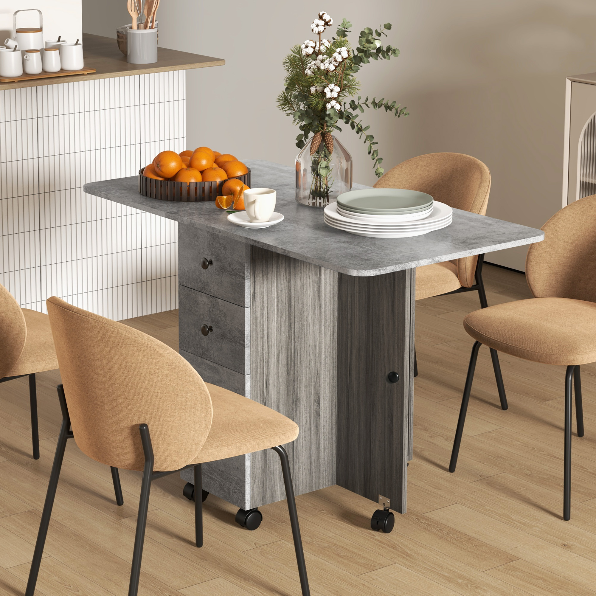 HOMCOM Multi-Storage Six-Person Drop Leaf Dining Table Mixed Grey 2