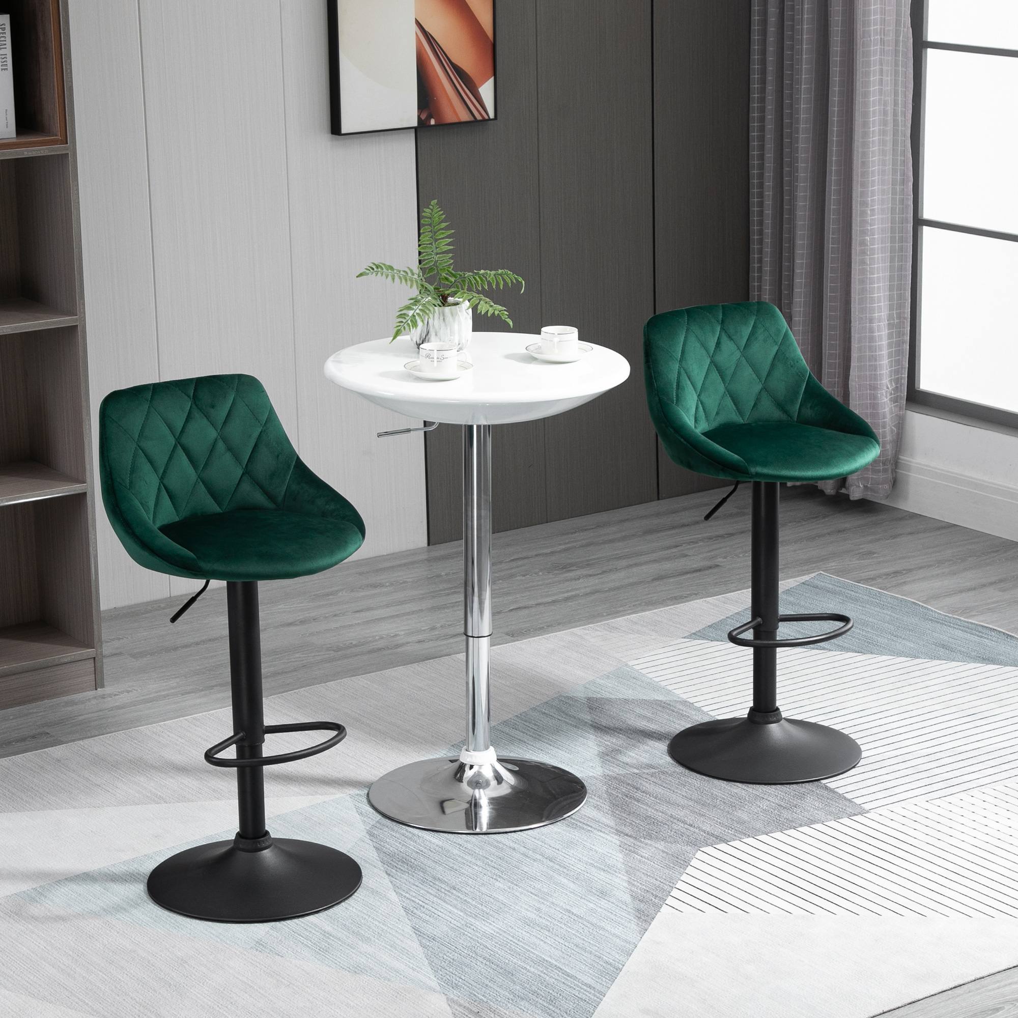 Set 2 Sgabelli Da Bar HOMCOM Con Seduta Girevole E Velluto, Altezza Regolabile 60-81 Cm, Crema