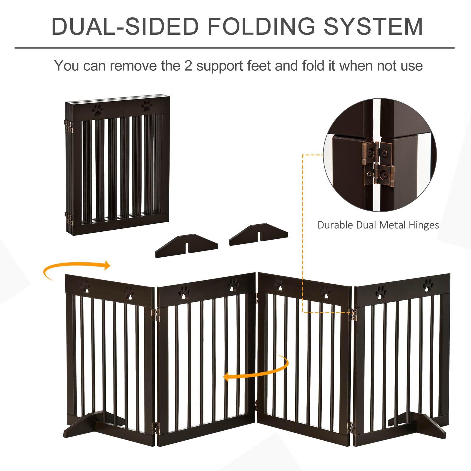 PawHut Freestanding Pet Gate 4 Panel Wooden Dog Barrier Folding Safety Fence with Support Feet up to 204cm Long 61cm Tall for Doorway Stairs Brown 4