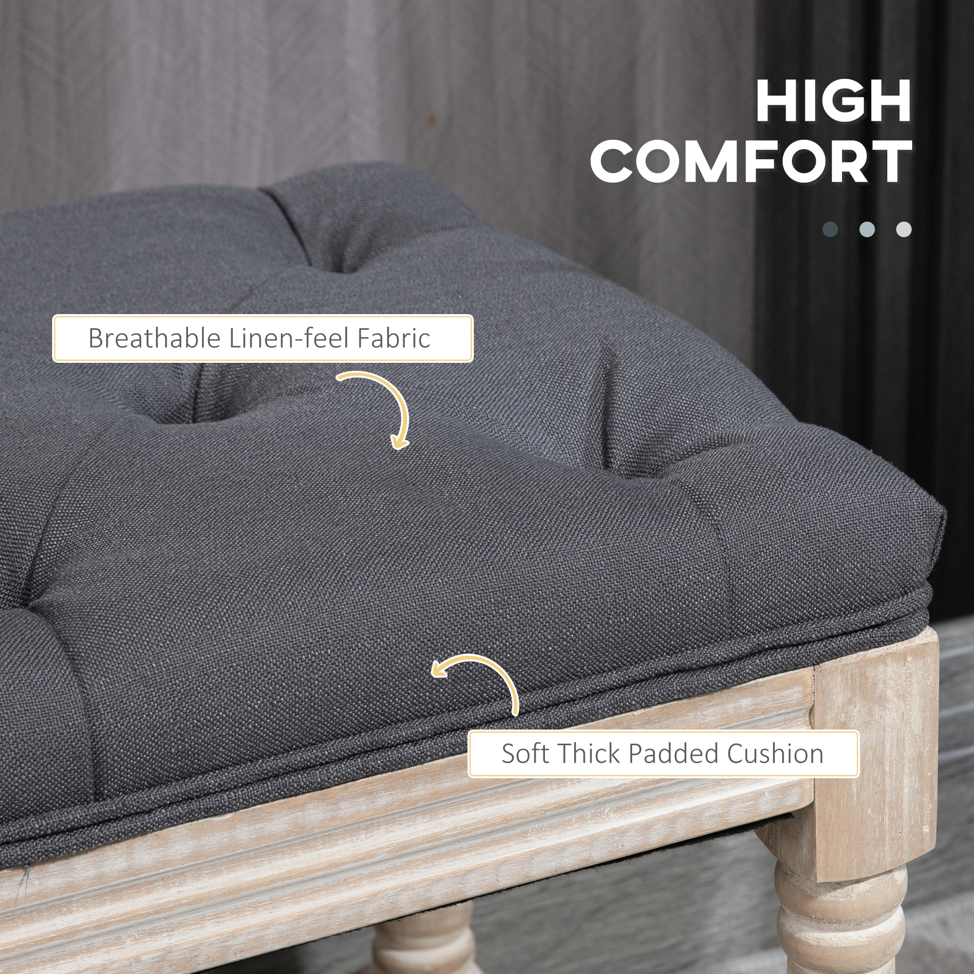 HOMCOM 2-Tier Bed End Bench, Vintage Stool, Wooden Window Seat with Storage Shelf, Button Tufted Upholstered Footstool for Living Room, Bedroom, Entryway, Grey 5