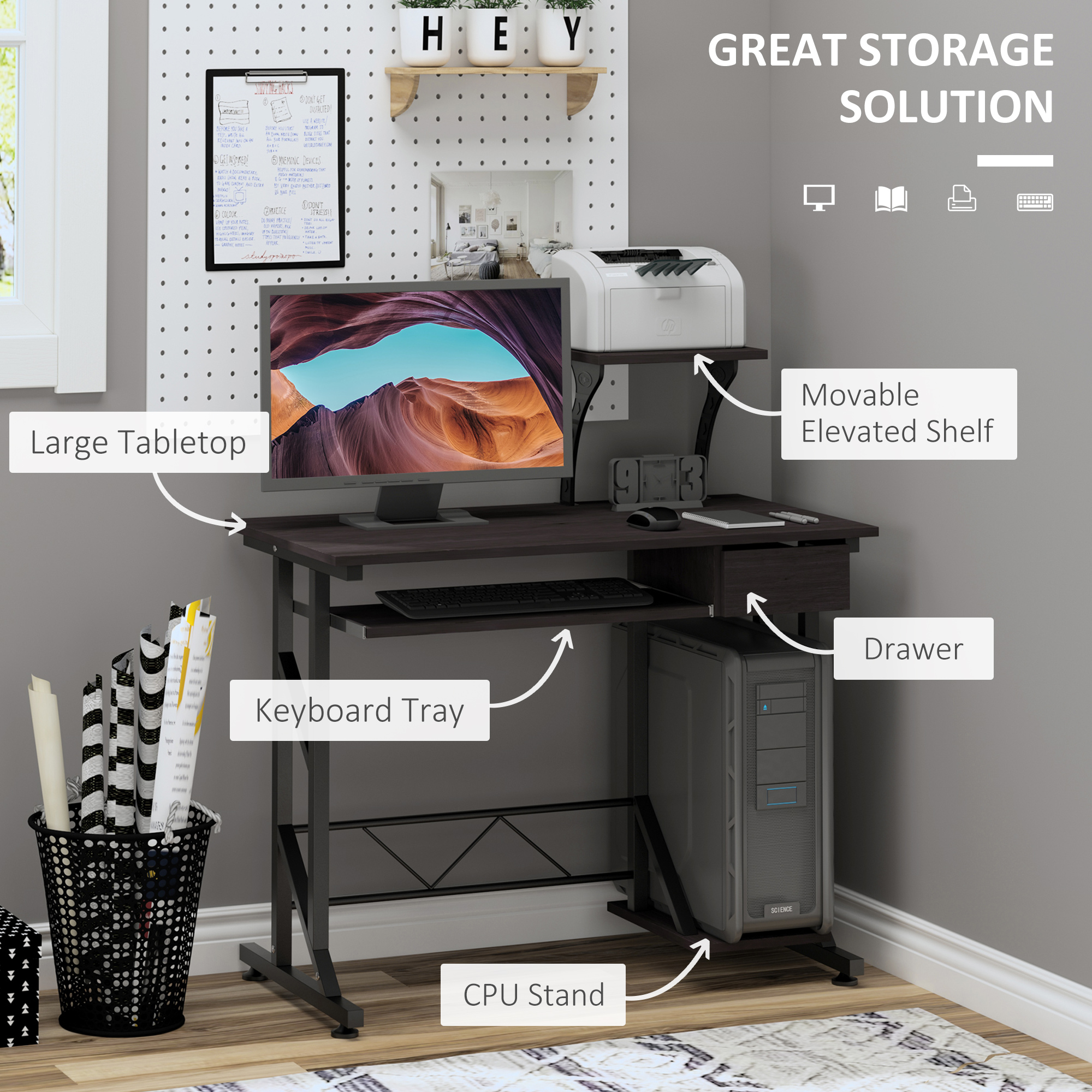 HOMCOM Computer Desk with Display Stand, Sliding Keyboard Tray Drawer and Host Box Shelf Home Office Workstation Dark Brown 4