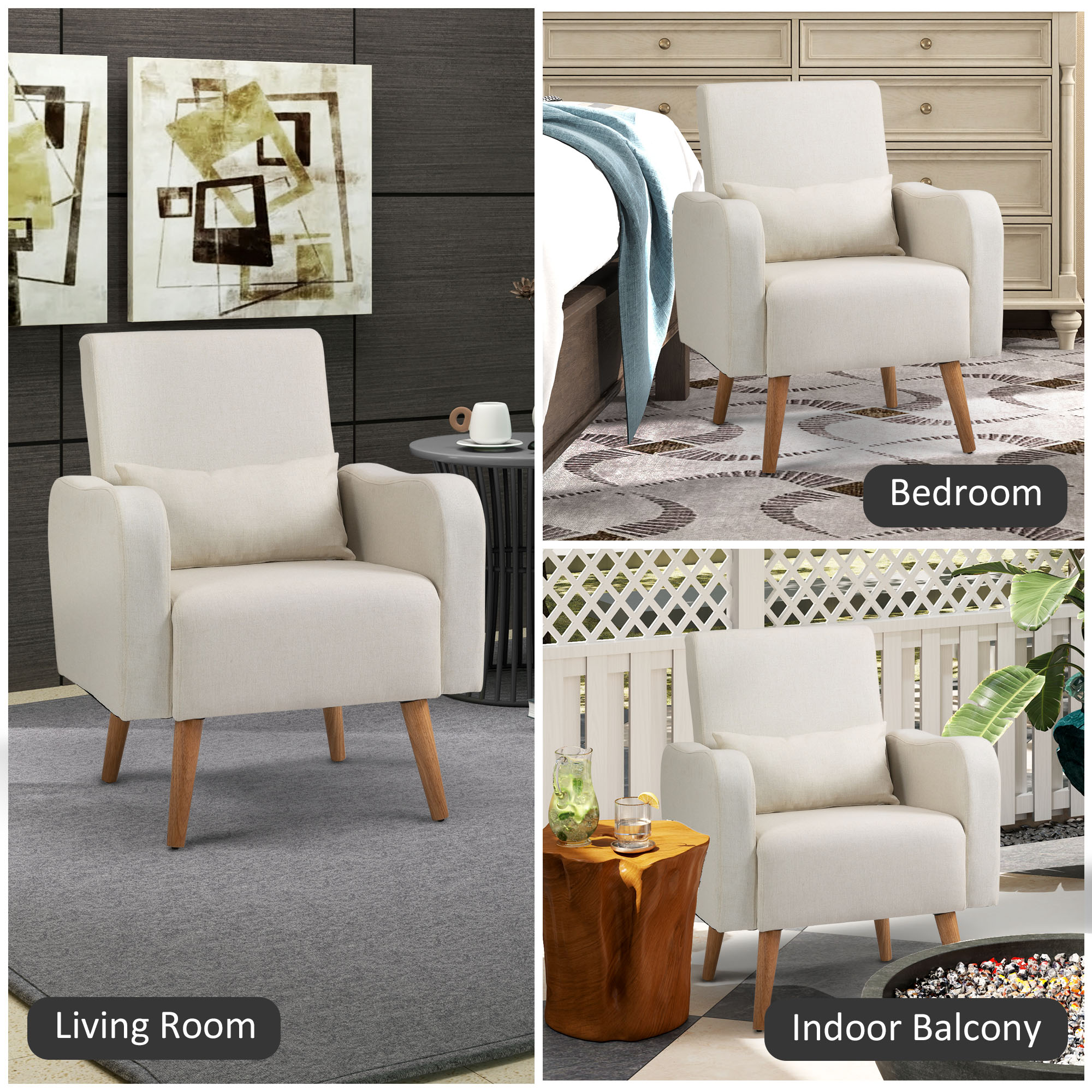 HOMCOM Accent Chair, Linen-Touch Armchair with Pillow, Upholstered Leisure Lounge Sofa for Living Room, Club Chair with Rubber Wooden Frame, Cream 7