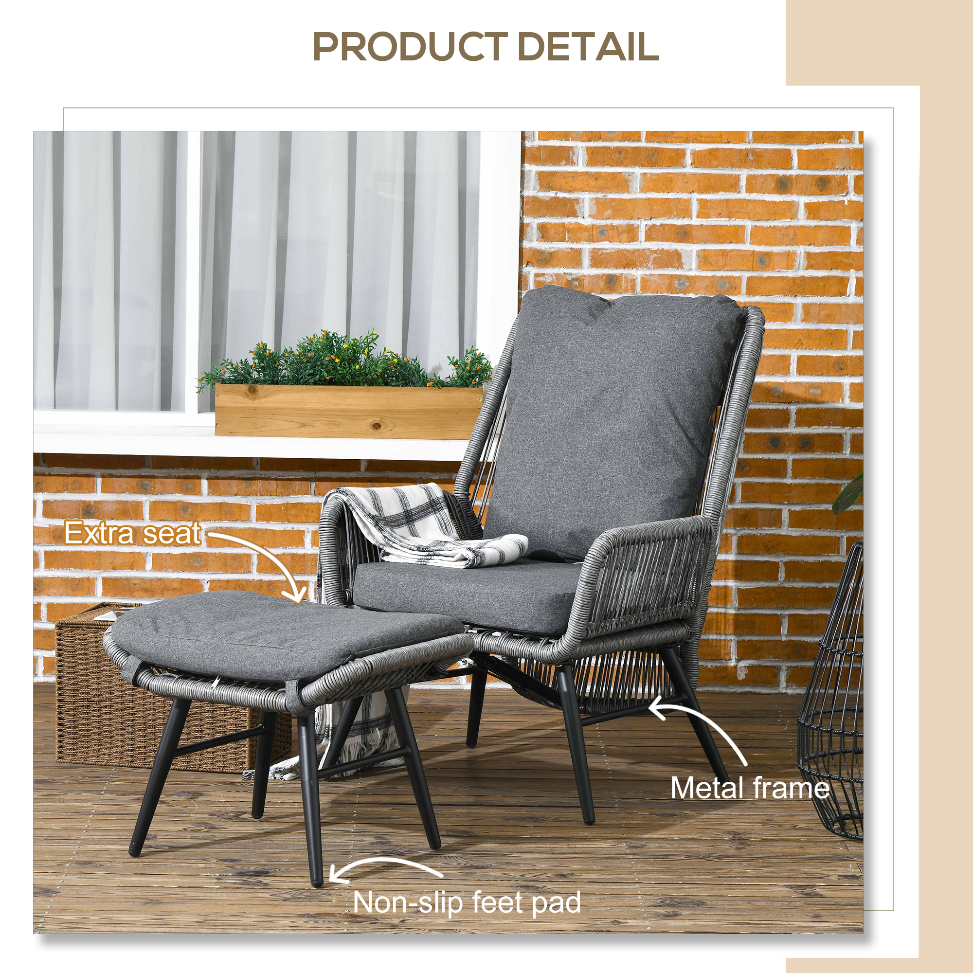 Outsunny String Rattan Armchair and Footstool Set, with Cushions Grey 6