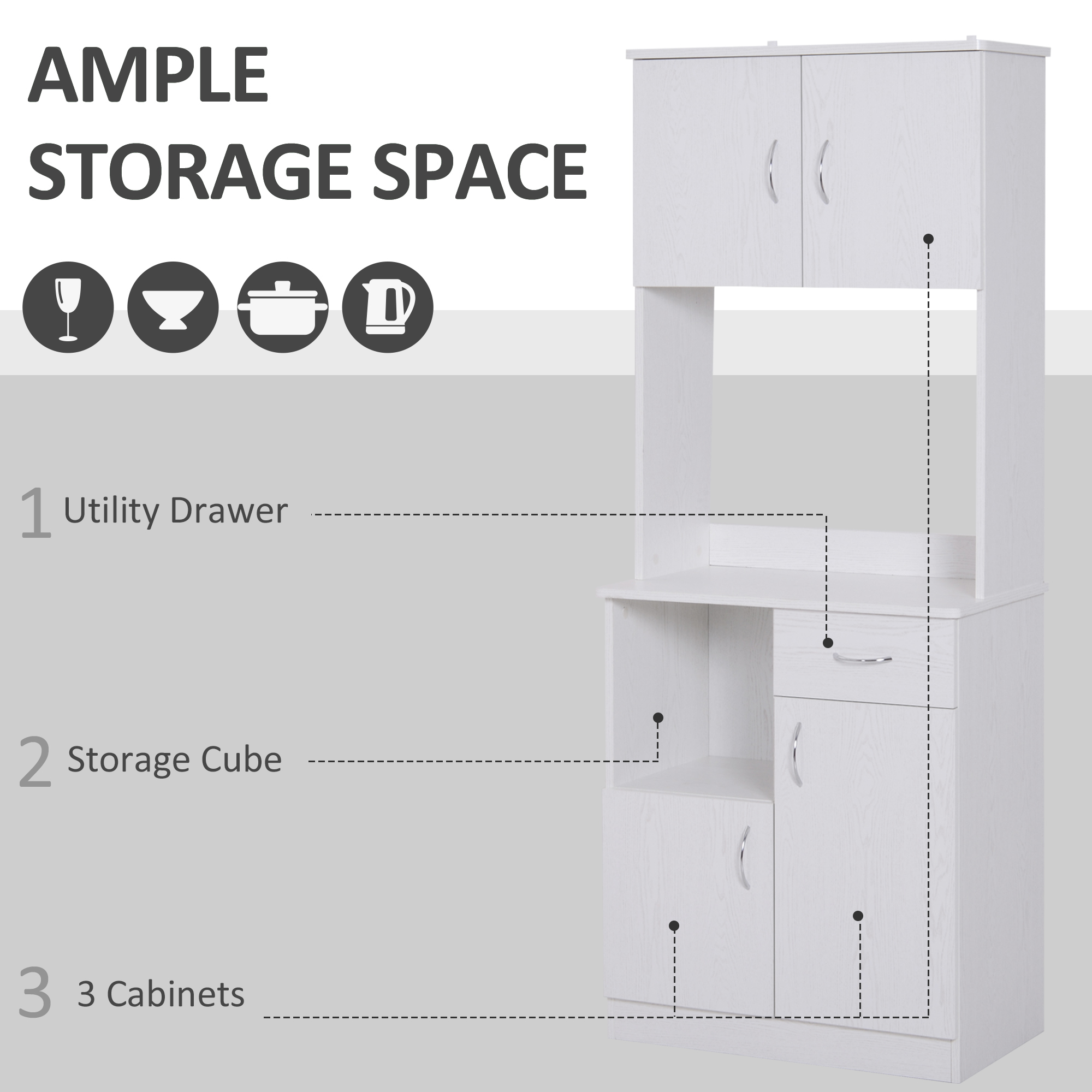 HOMCOM Tall Kitchen Cupboard, Kitchen Cabinet with Doors, Shelves, Drawer and Open Countertop, Storage Cabinet for Living Room, Dining Room, White 5