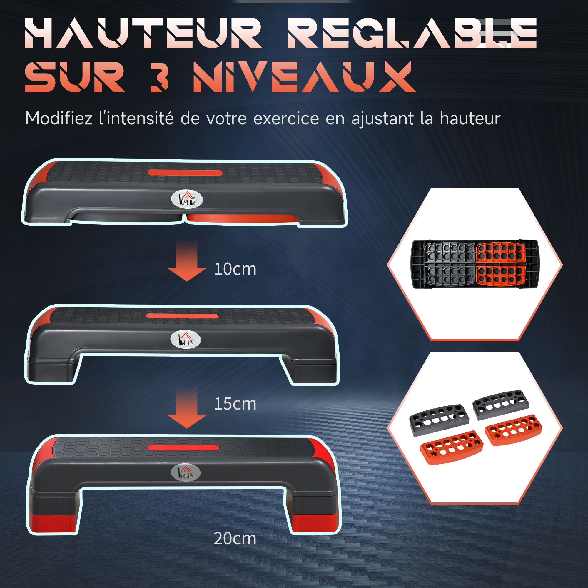 Stepper Fitness HOMCOM - Hauteur Réglable 10/15/20 Cm | Surface Antidérapante - 150kg Max