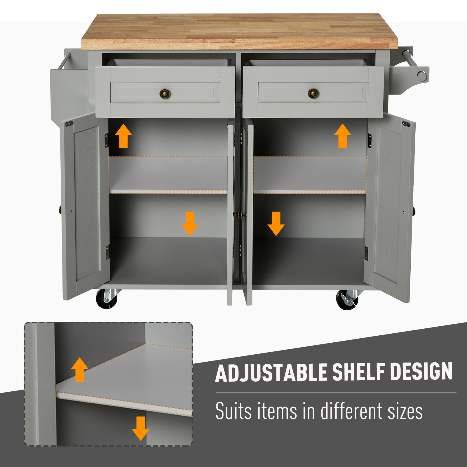 HOMCOM Rolling Kitchen Island Storage Trolley with Rubber Wood Top & Drawers for Dining Room, Grey 7