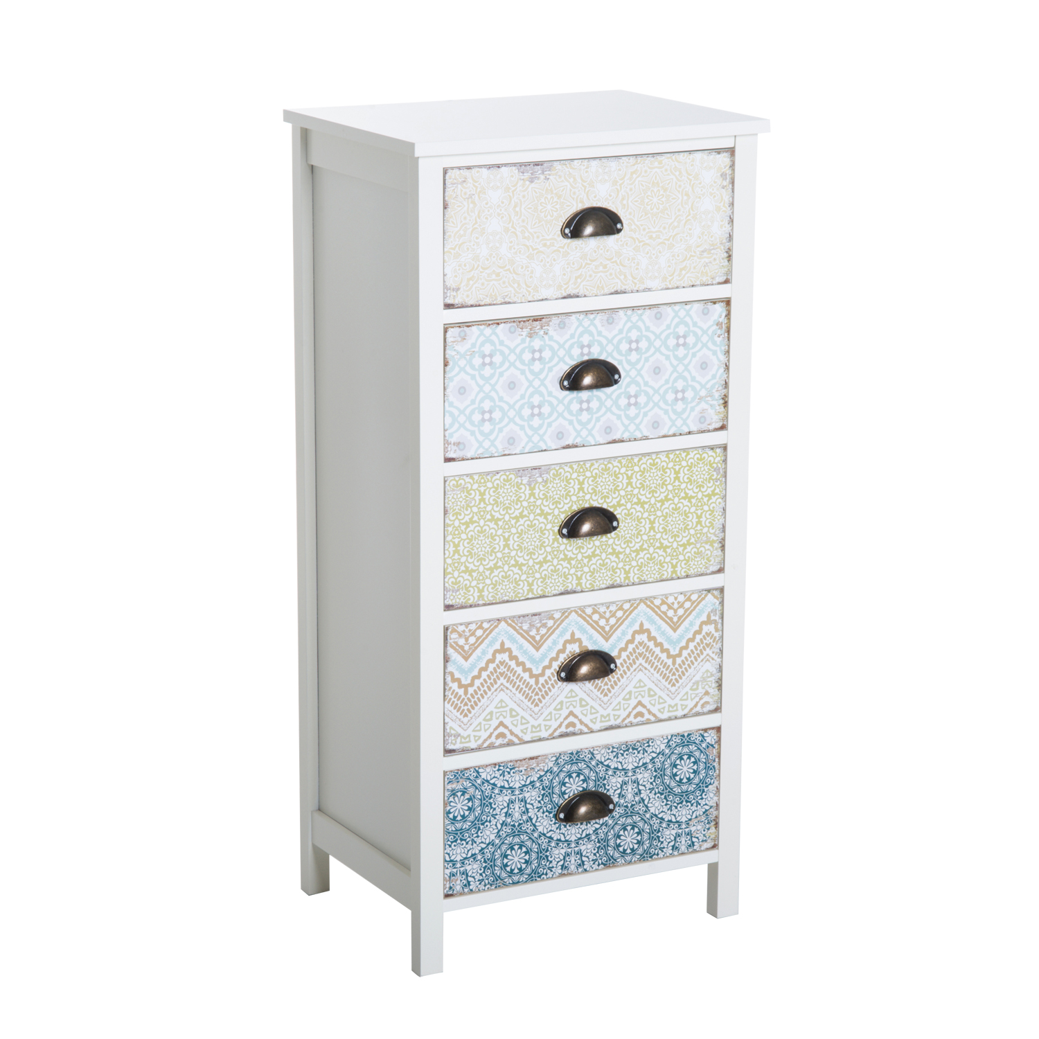 HOMCOM Chiffonnier Meuble de Rangement Style Néo-Rétro Graphique 5 Tiroirs MDF Bois 46 x 34 x 98 cm Blanc