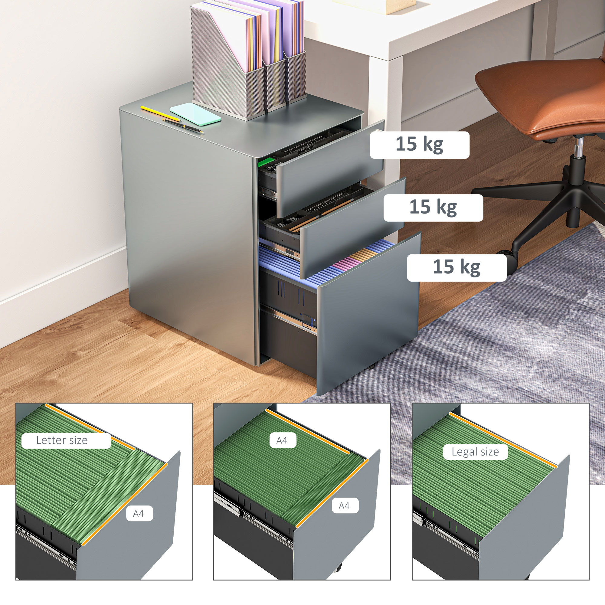 Vinsetto Lockable Cabinet, Rolling Filing Cabinet with 3 Drawers, Steel Office Drawer Unit for A4, Letter, Legal Sized Files 8