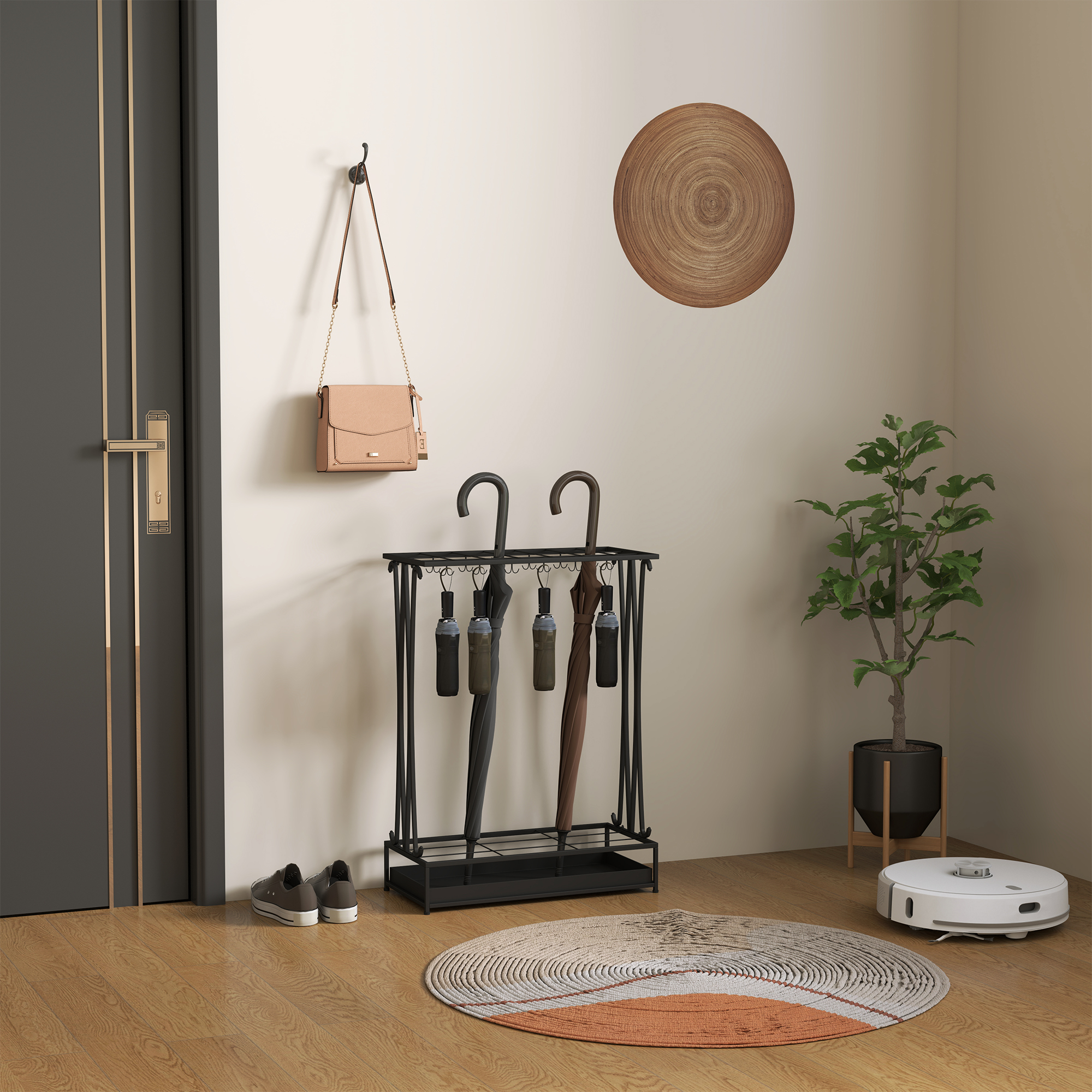 Portaombrelli In Metallo 21 Fori E 24 Ganci – Vasca Raccogliacqua Rimovibile 55x24x60,5 Cm Nero