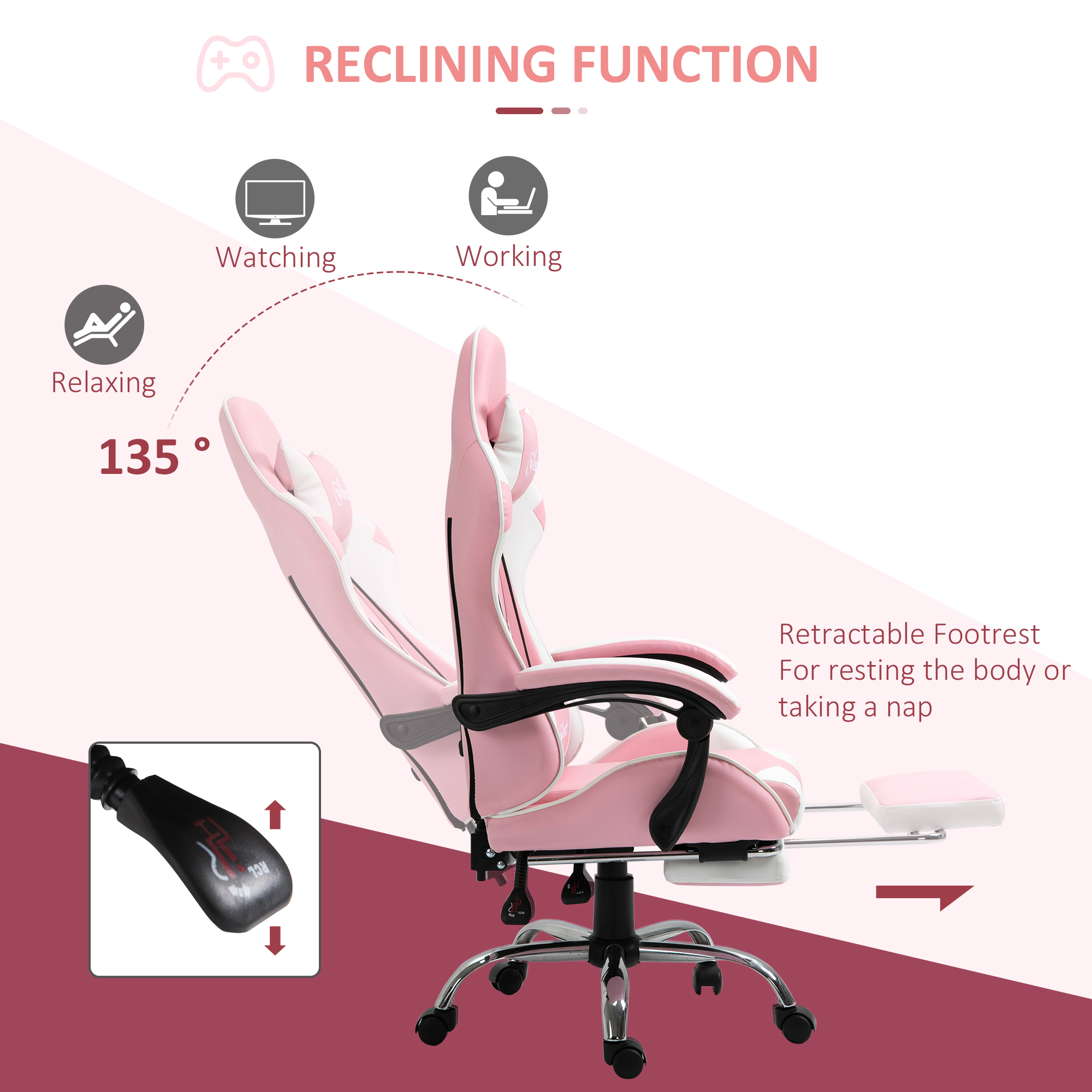 Vinsetto Ergonomic Gaming Chair, PU Leather Reclining Computer Chair with Footrest and Lumbar Support, Headrest and Adjustable Height for Adults, Pink 5