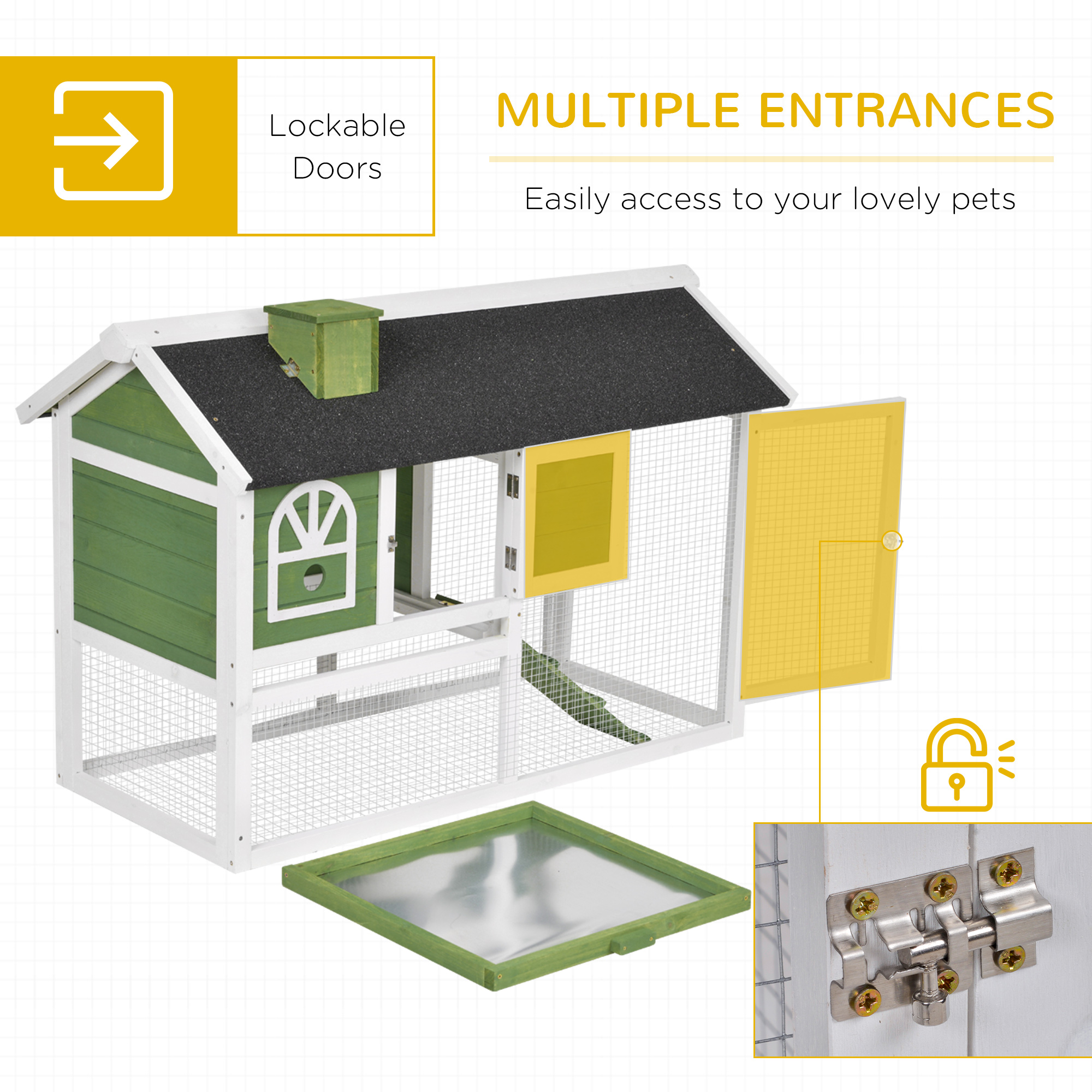 PawHut Wooden Rabbit Hutch and Run with Sliding Tray, Ramp, Water-resistant Roof, for 2-4 Rabbits, Green 5