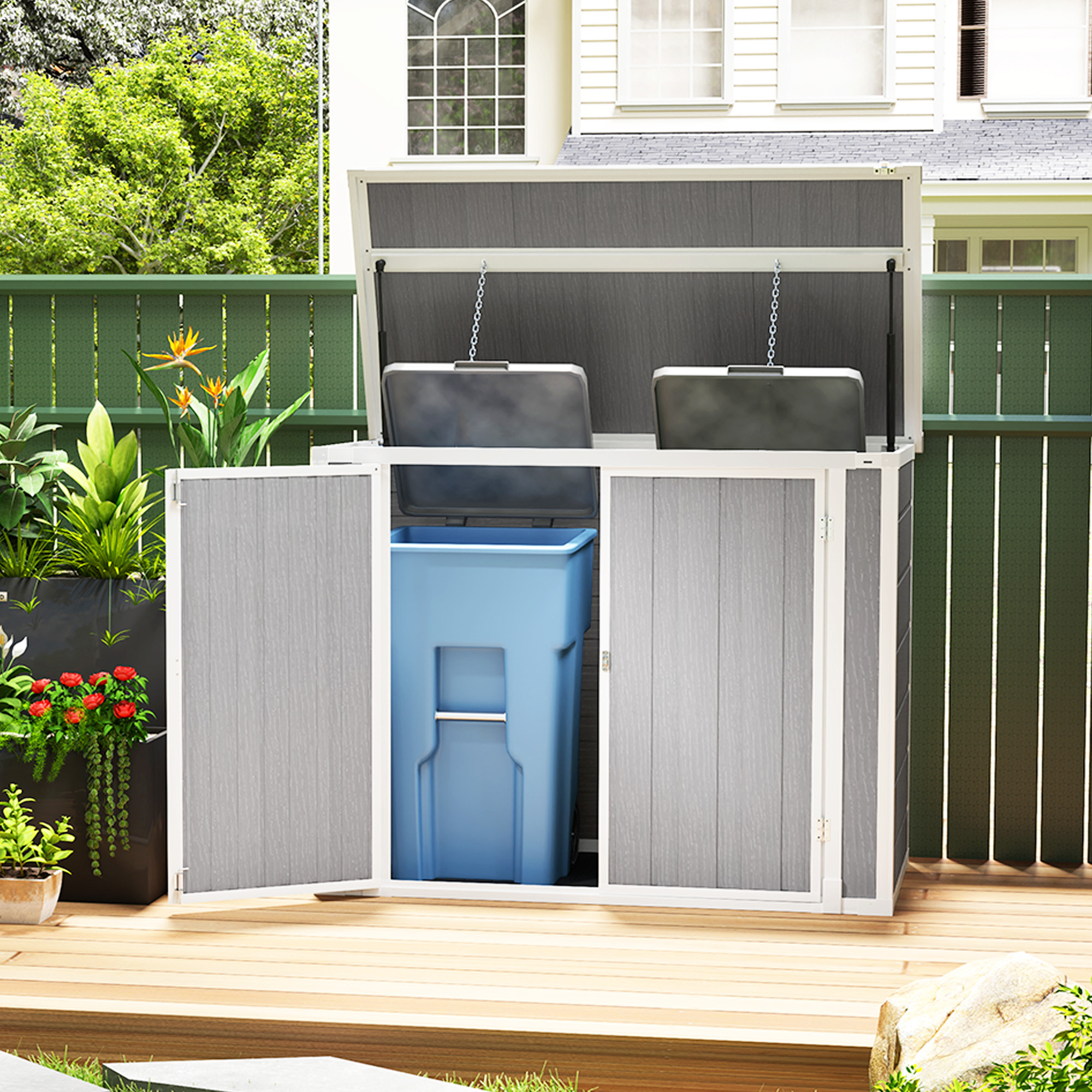 Outsunny 4.7 x 2.5FT Garden Shed, Double Bin Storage Shed with Lockable Doors, Outdoor Small Shed with Openable Lid for 2 Trash Cans, Garden Tools, Grey 2