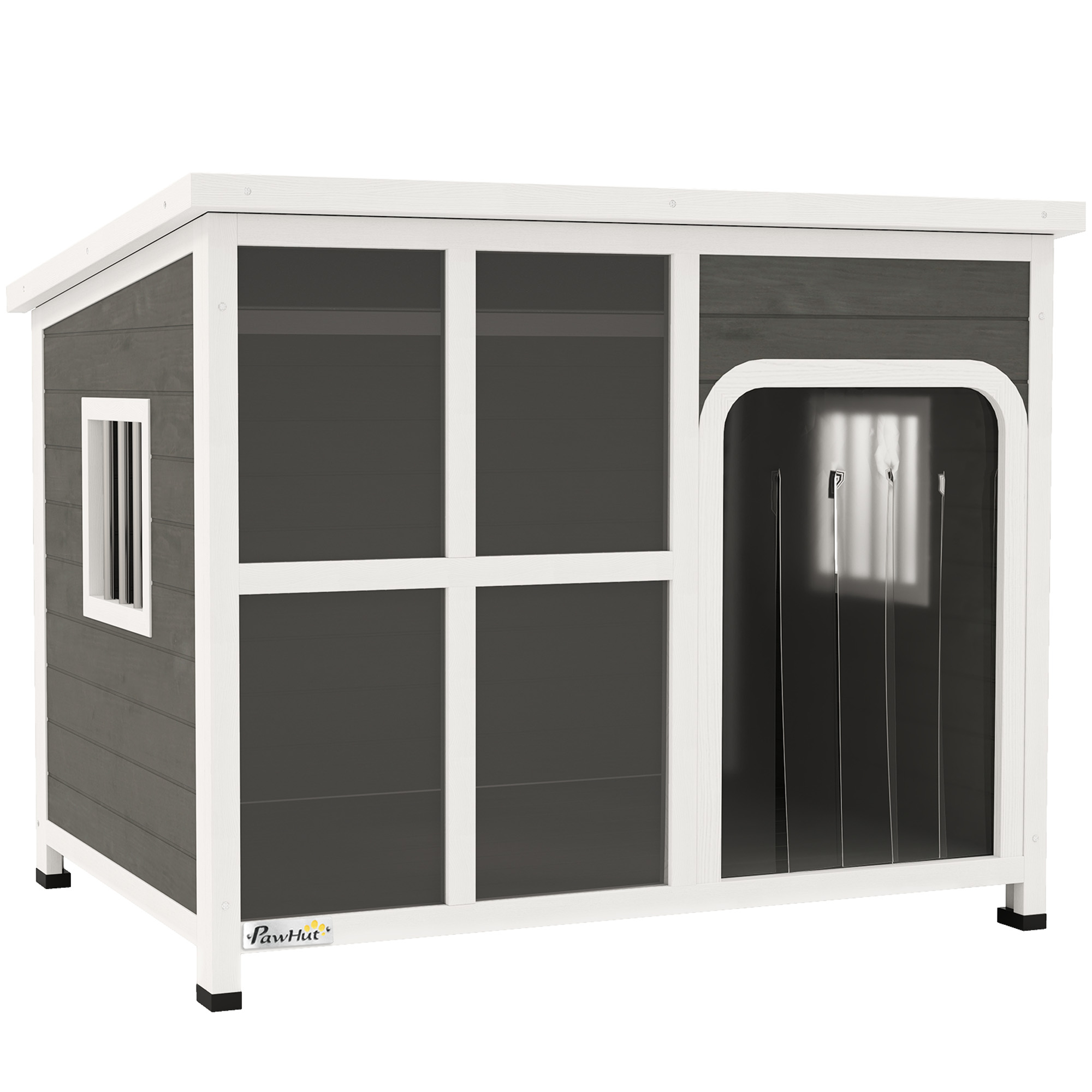 PawHut Wooden Outdoor Dog House with Asphalt Openable Top, Removable Floor, Clear Front Panel, Curtain, Light Grey