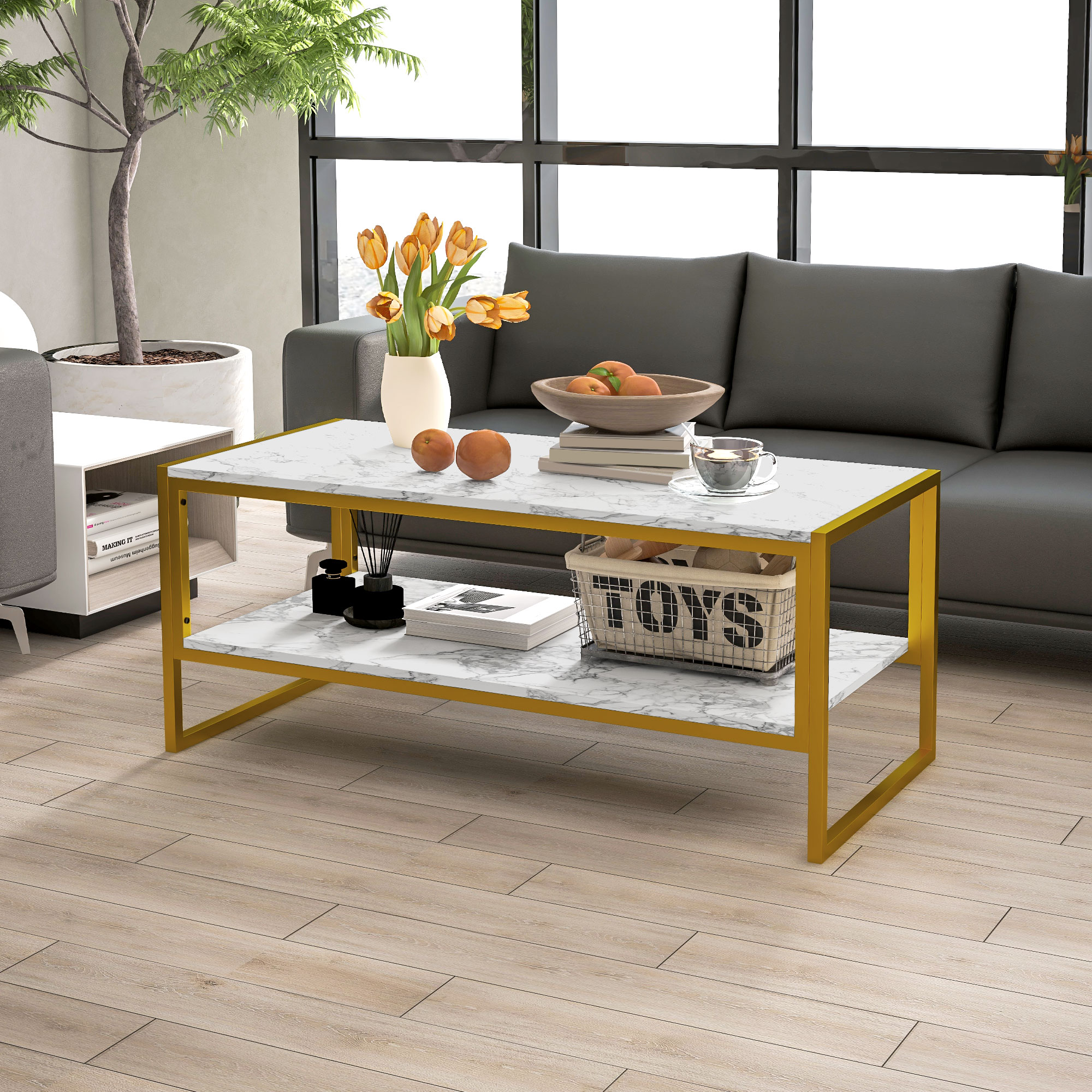 HOMCOM Coffee Table, Two-Tier Faux Marble Effect Centre Table with Metal Frame and Storage Shelf for Living Room, 106 x 50 x 45cm, White 2