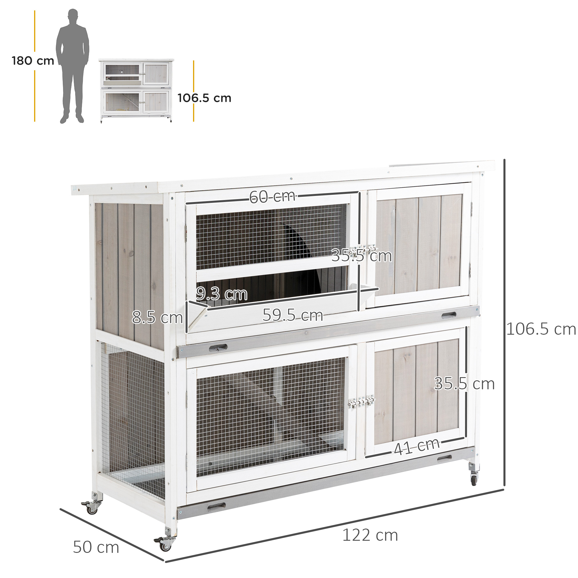 PawHut Wooden Pet Hutch, Two-Tier Cage with Rain Cover, Wheels, White 3