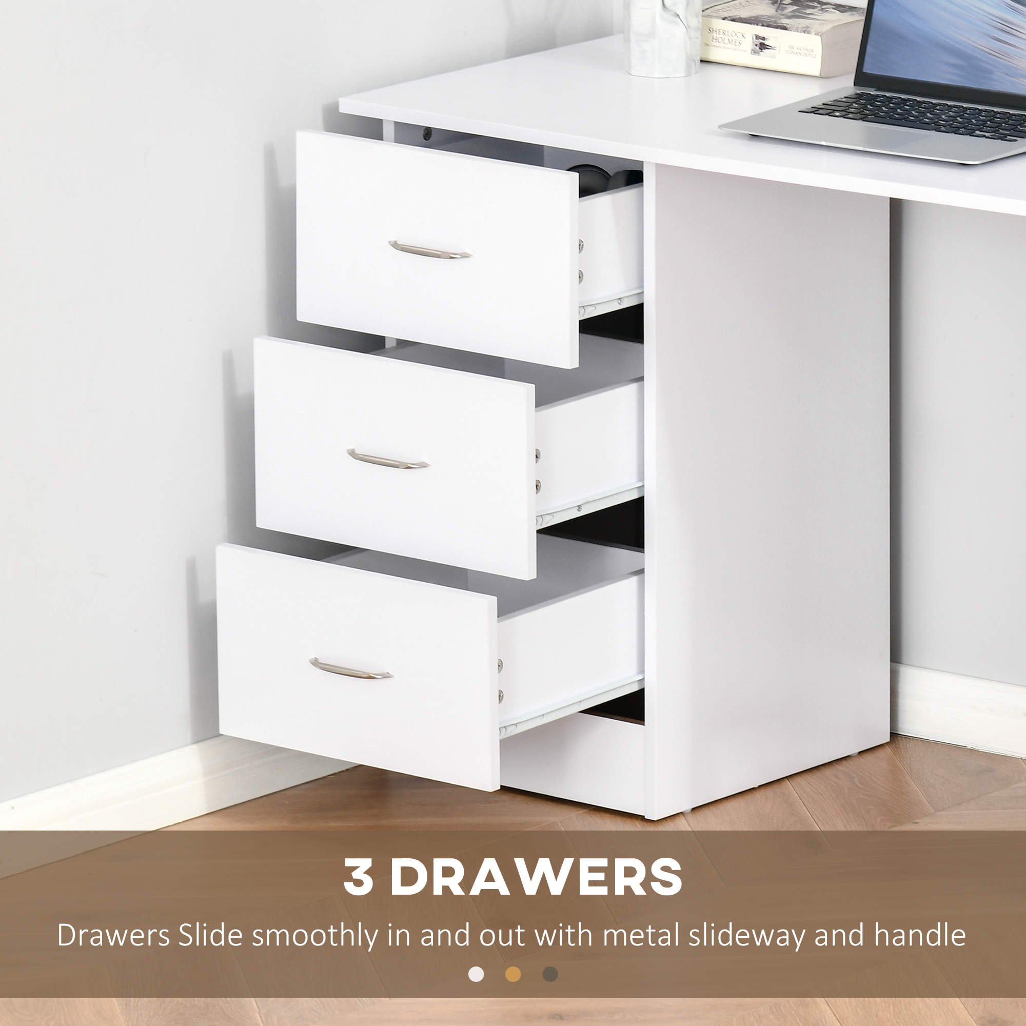 HOMCOM Computer Desk, Writing Table, PC Workstation with 3 Storage Shelves and Drawers, Silver Handle, for Home Office, White 5