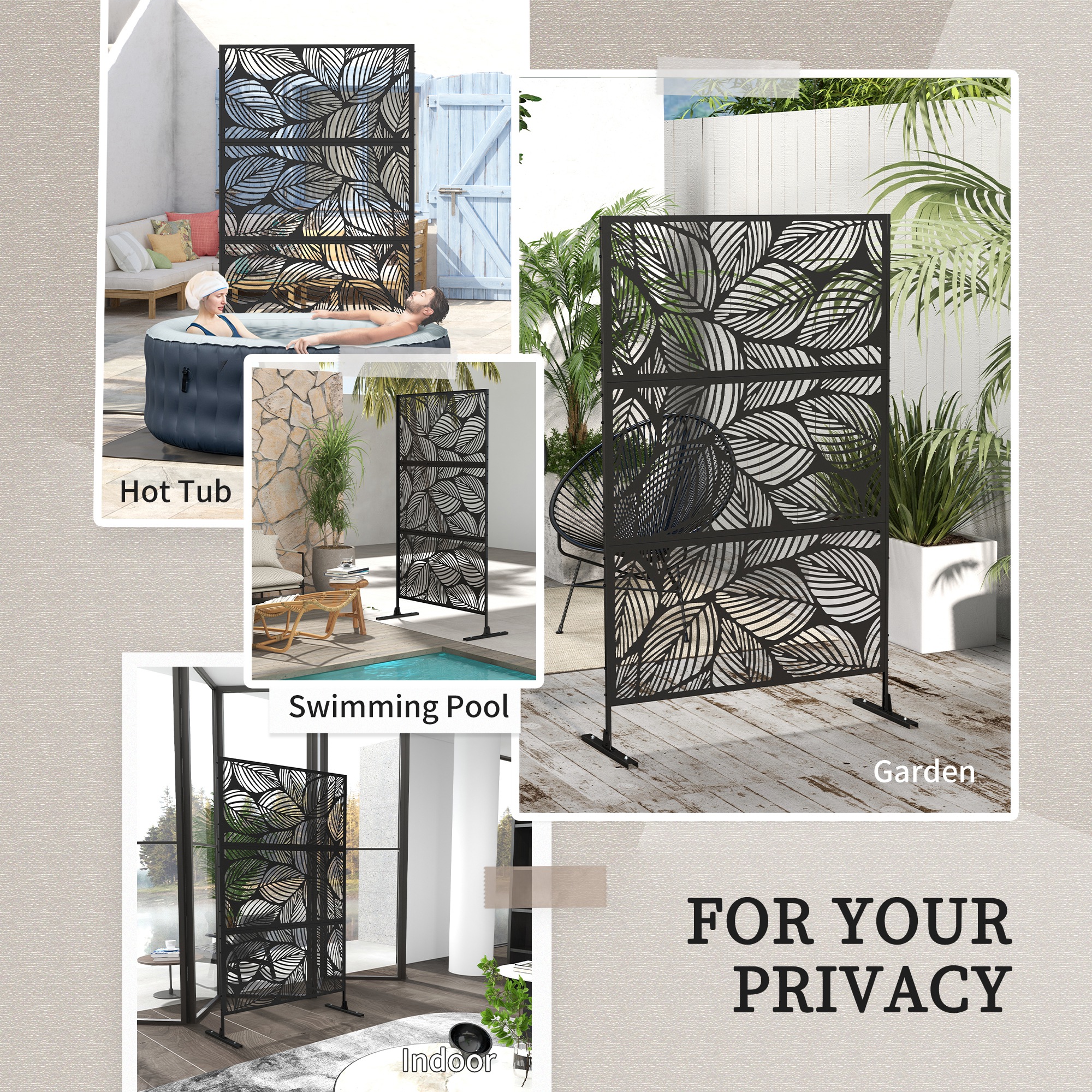Outsunny Metal Decorative Privacy Screen Outdoor Divider, Black Leaf 6