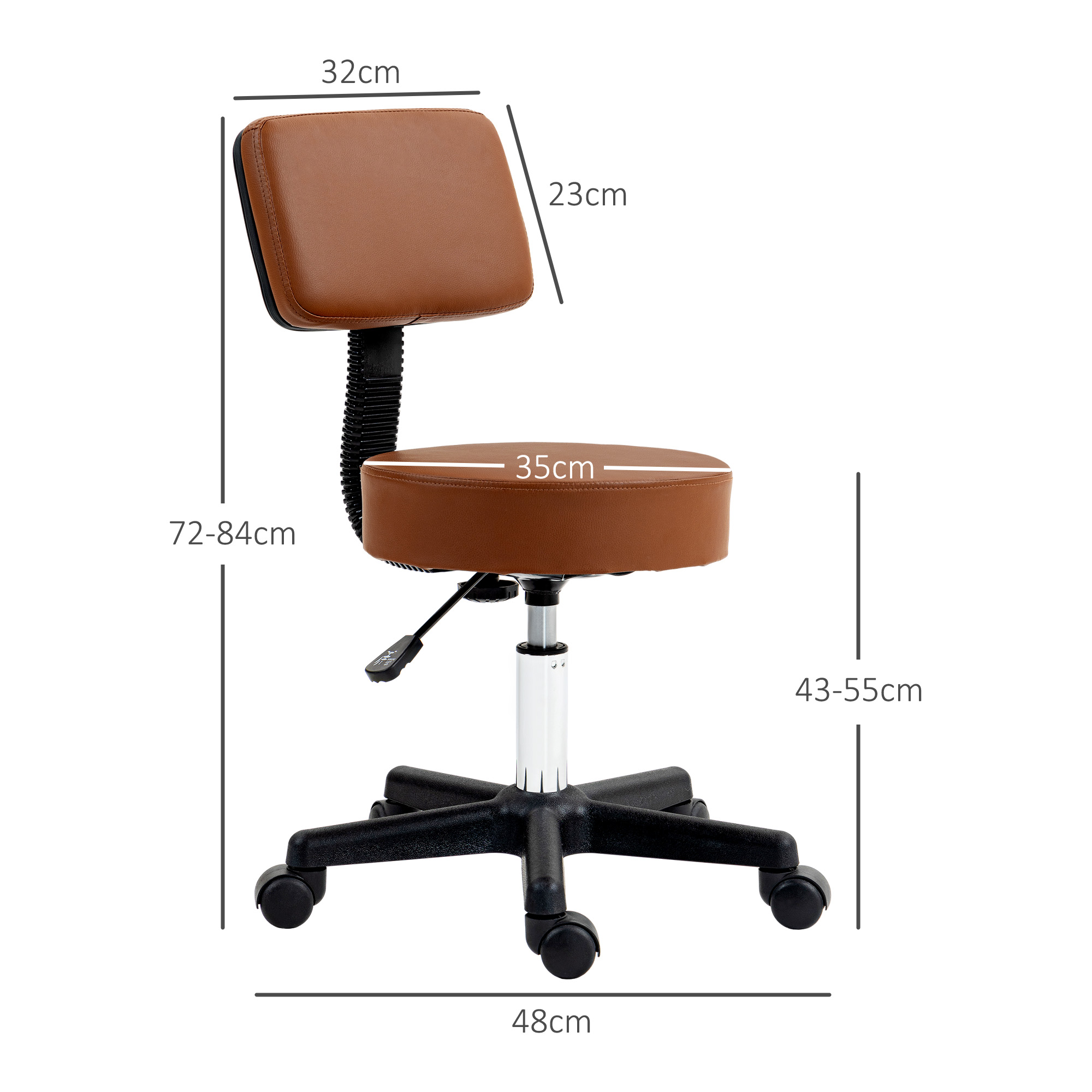 HOMCOM Beautician's Swivel Salon Chair w/ Padded Seat Back 5 Wheels Adjustable Height Salon Hairdressers Tattoo Spa Rolling Cushion Professional 48cm Brown 3
