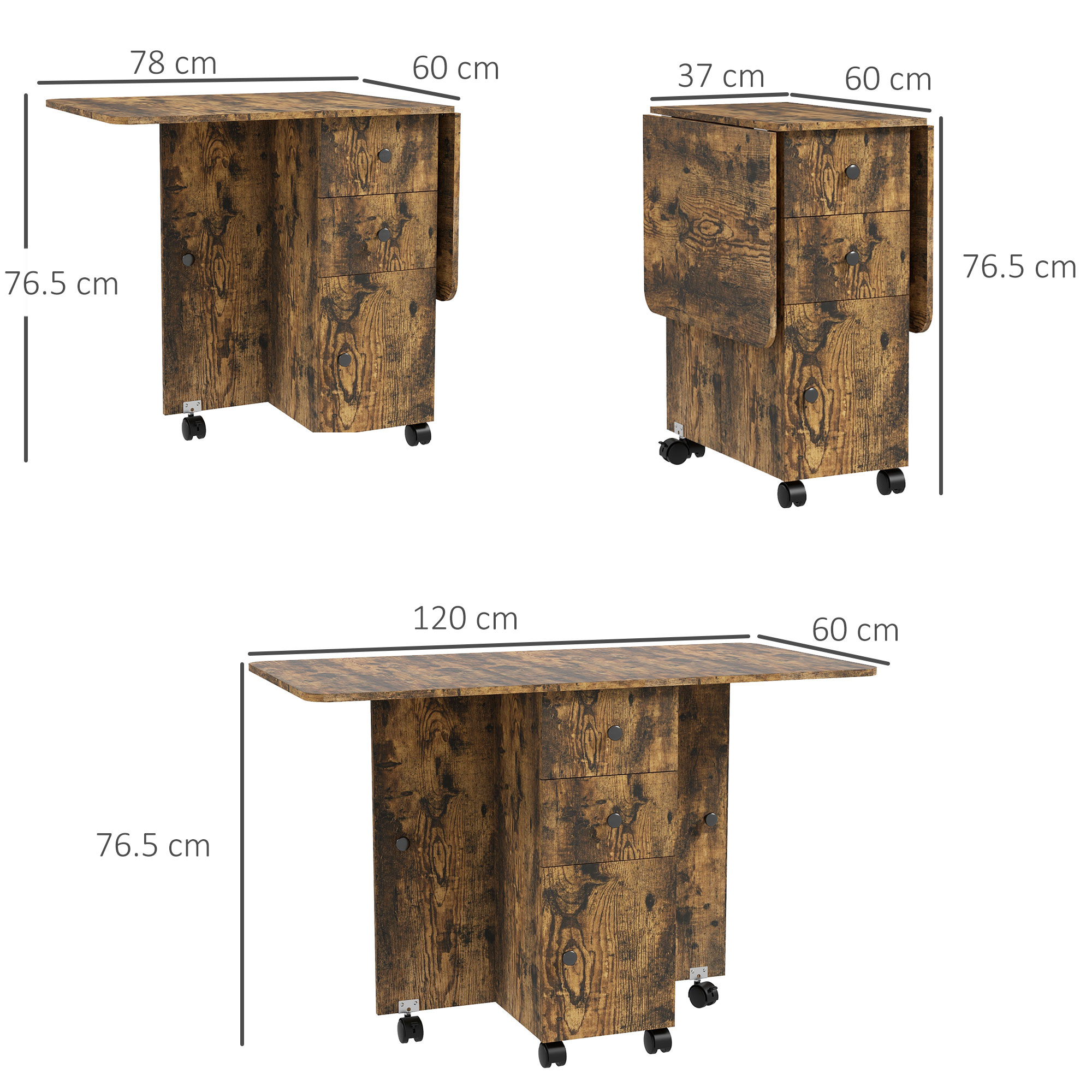 HOMCOM Multi-Storage Six-Person Drop Leaf Dining Table Rustic Brown 3