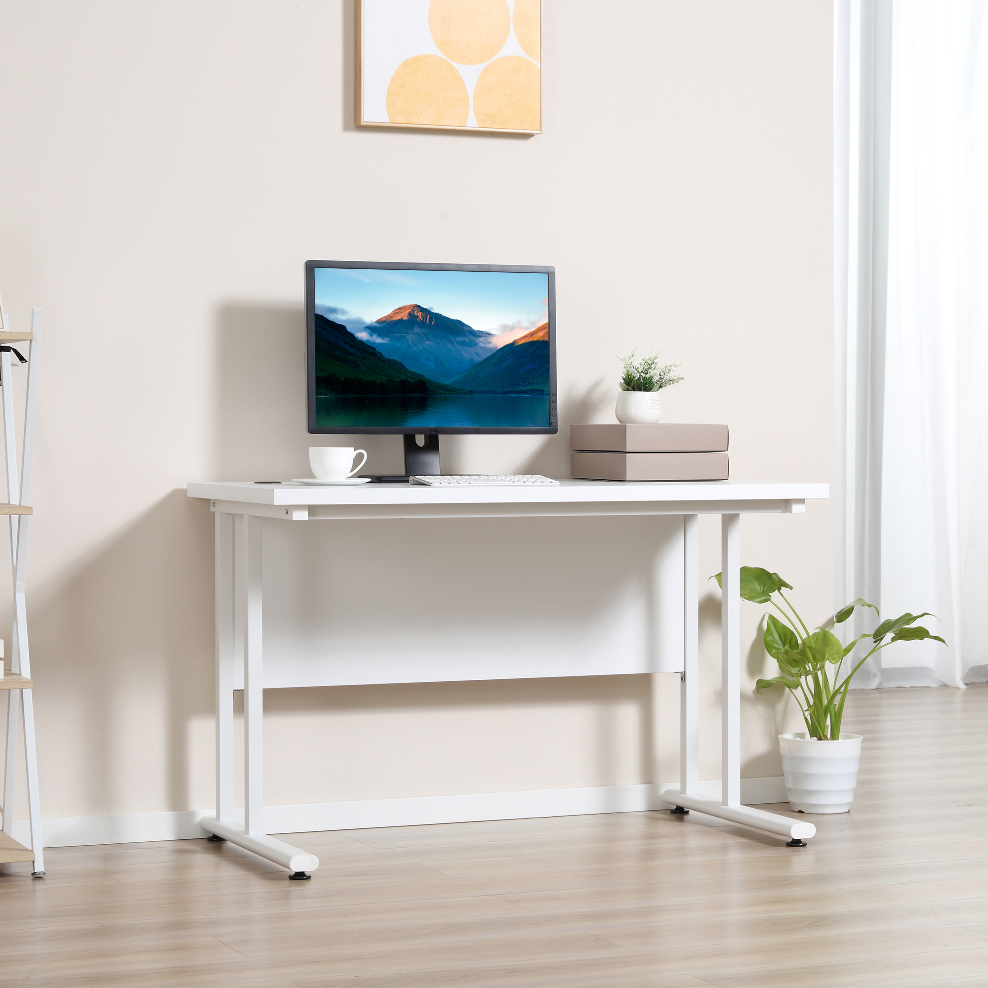 HOMCOM Computer Desk, Home Office Desk, Writing Table, 120x60x75cm Laptop Workstation with 2 Cable Management Holes, C Shaped Metal Legs for Adults, White 2