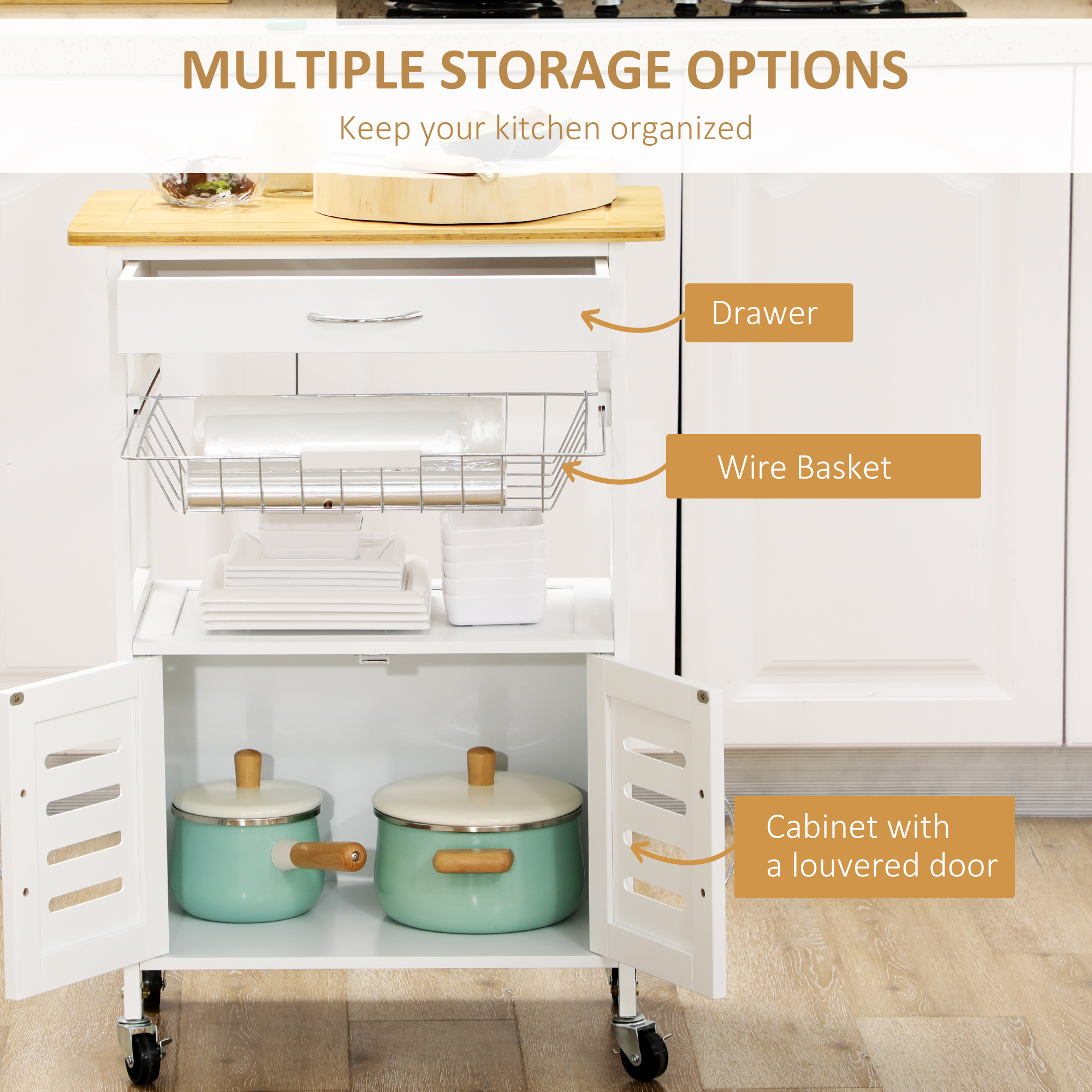 HOMCOM Rolling Kitchen Island Trolley Utility Cart on Wheels with Bamboo Table Top, Storage Cabinet, Drawer and Wire Basket 4