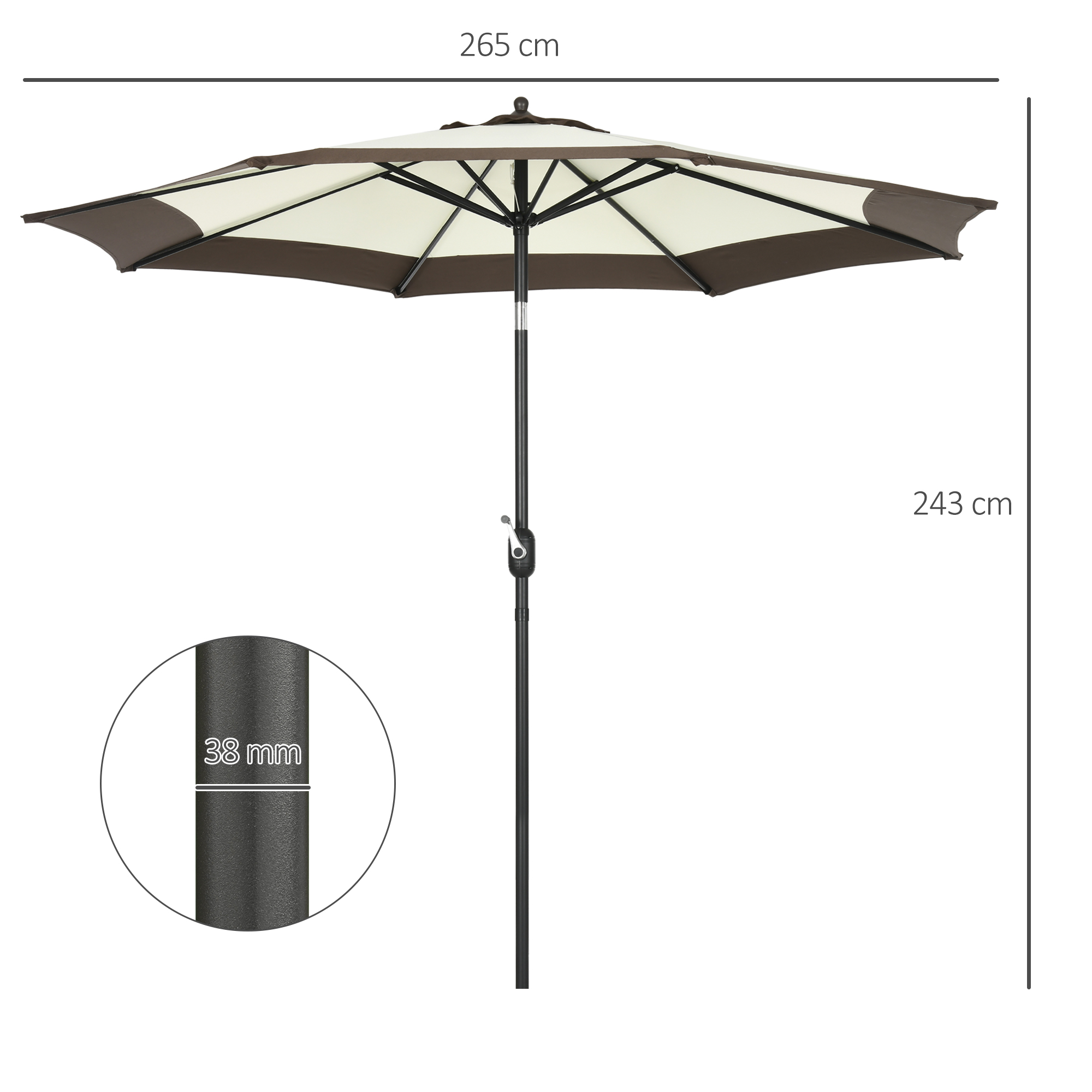 Outsunny 2.7m Garden Parasol Umbrella with 8 Metal Ribs, Tilt and Crank, Outdoor Sunshades for Garden, Patio, Beach, Yard, Coffee 3
