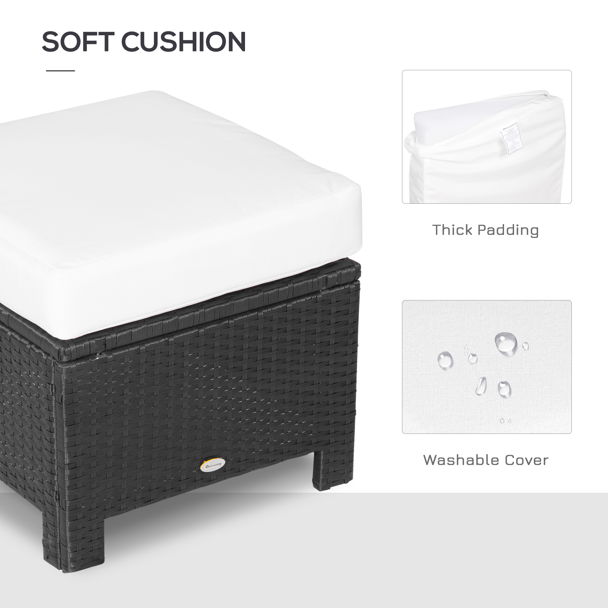 Outsunny Rattan Footstool Wicker Ottoman with Padded Seat Cushion Outdoor Patio Furniture for Garden Poolside Living Room, 50 x 50 x 35 cm, Black 5