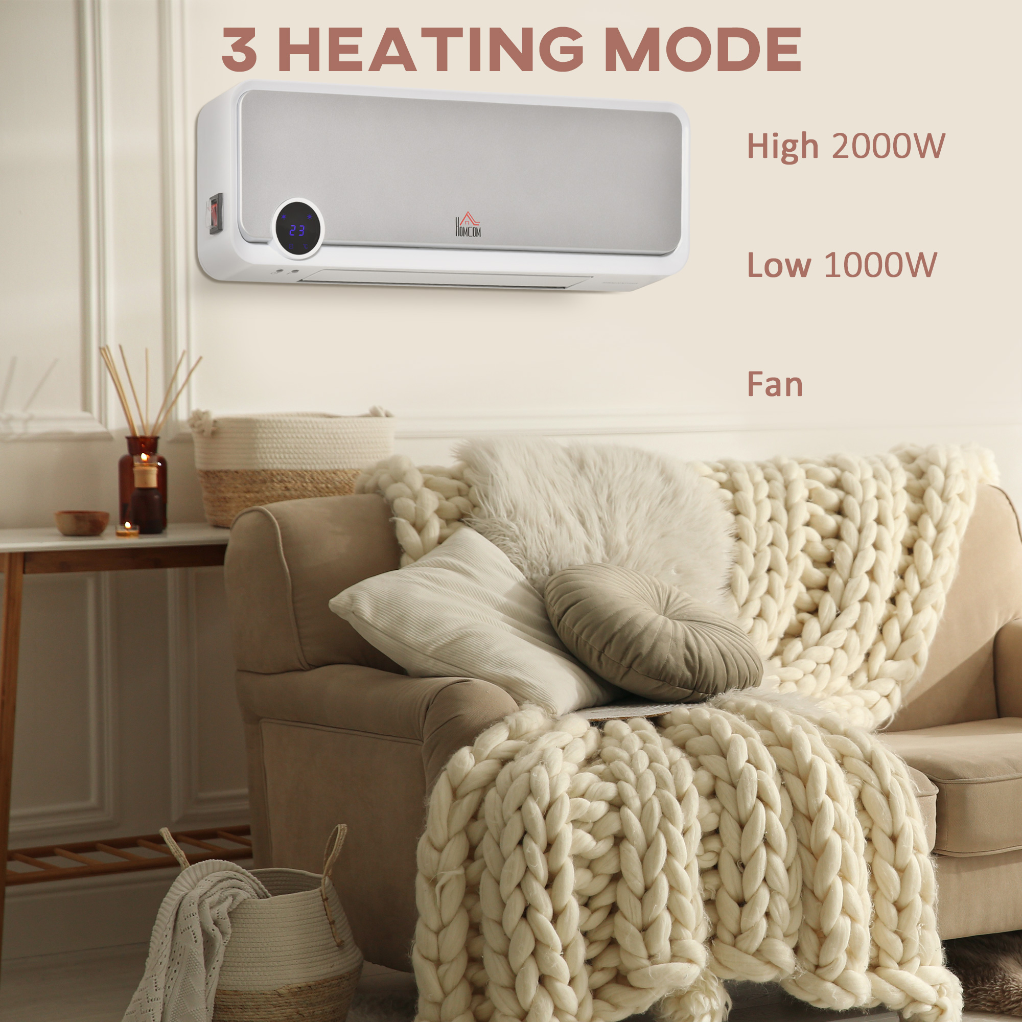 HOMCOM Wall Downflow Heater 2 Heat and Fan 1000W/2000W, Electric Space Heater with Timer Remote Oscillating, for Bedroom Home Office, White and Silver 7