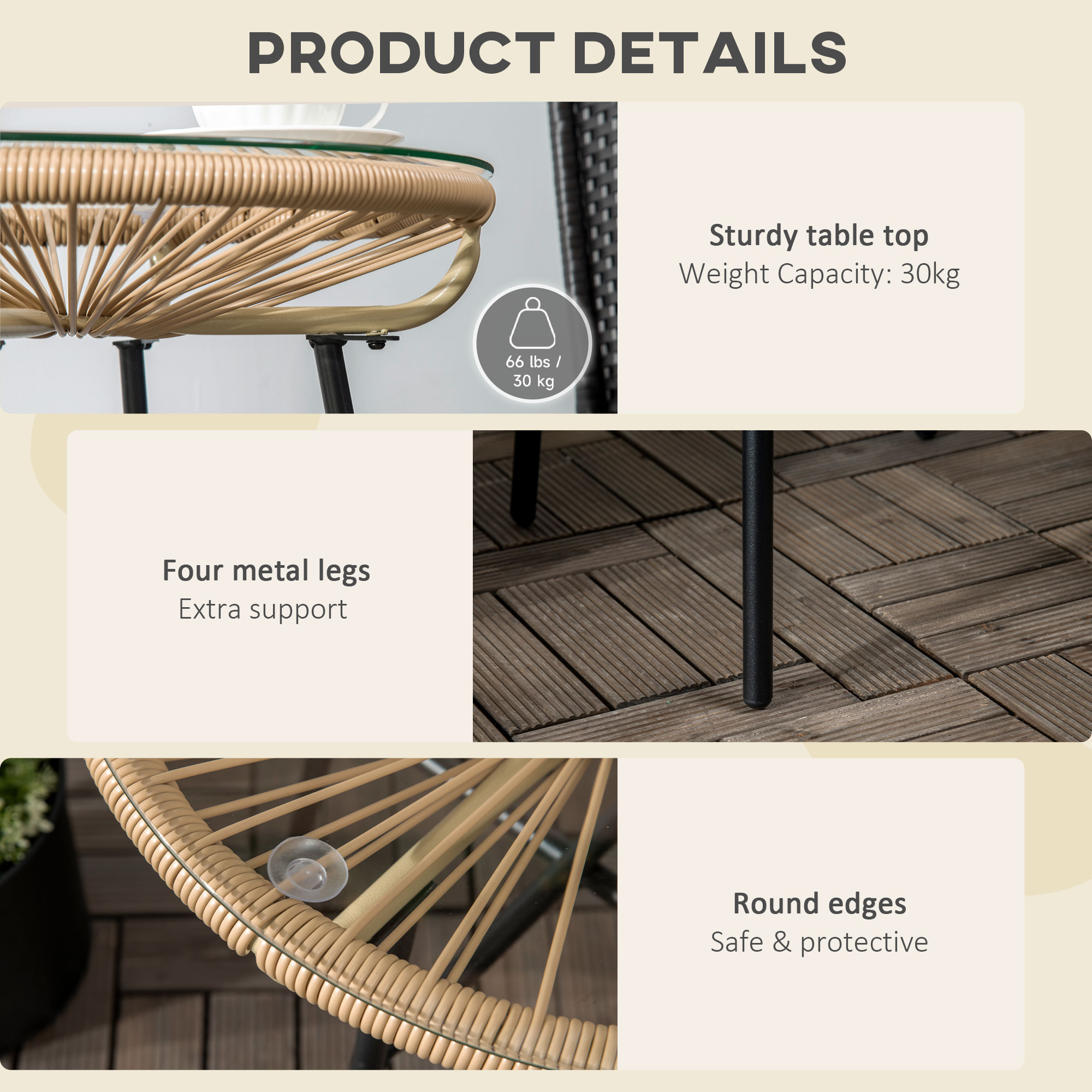Outsunny Rattan Side Table, Round Outdoor Coffee Table, with Round PE Rattan and Tempered Glass Tabletop for Patio, Garden, Balcony, Beige 6