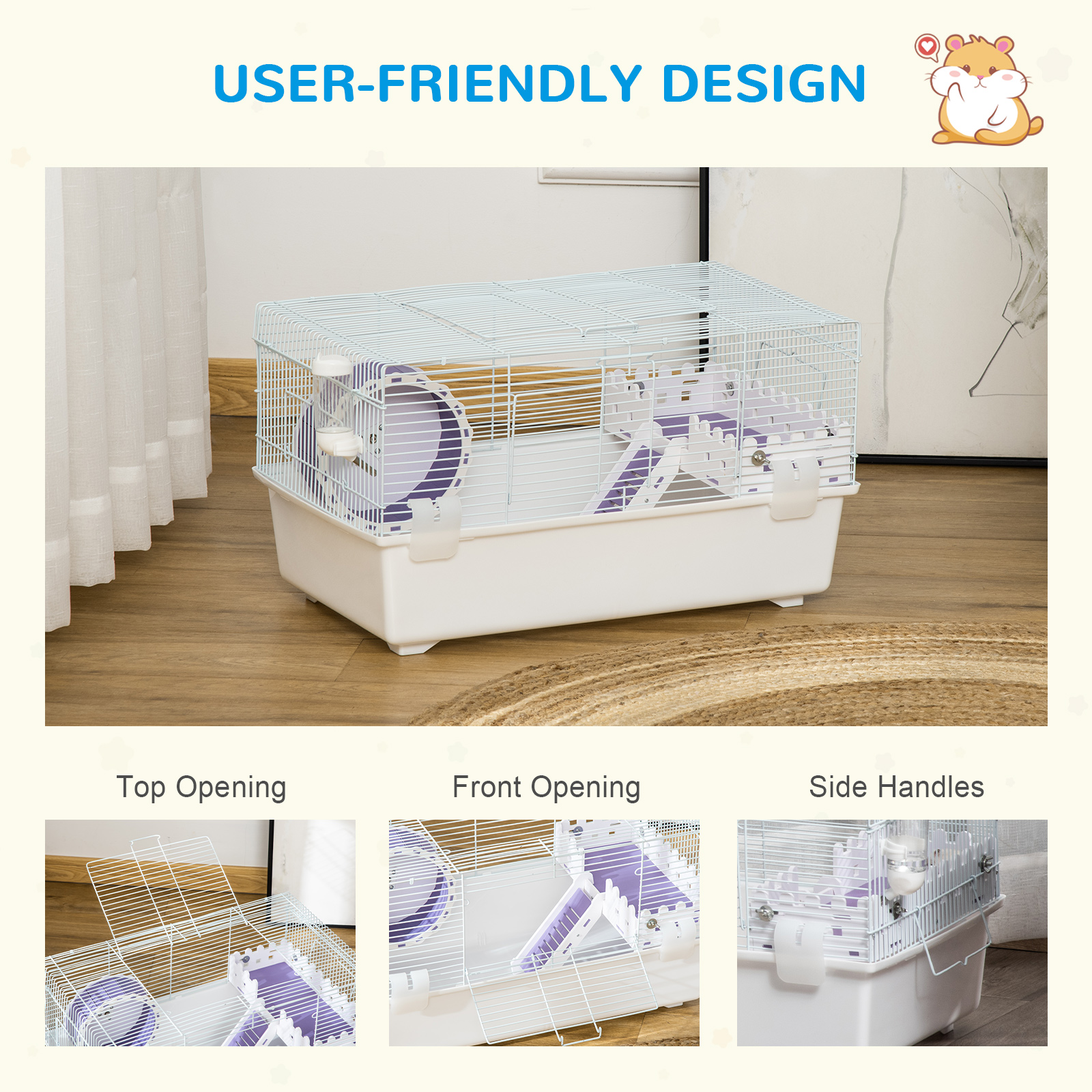 PawHut 2 Tier Hamster Cage, Gerbil Cage with Exercise Wheel, Water Bottle, Ladder, White 6