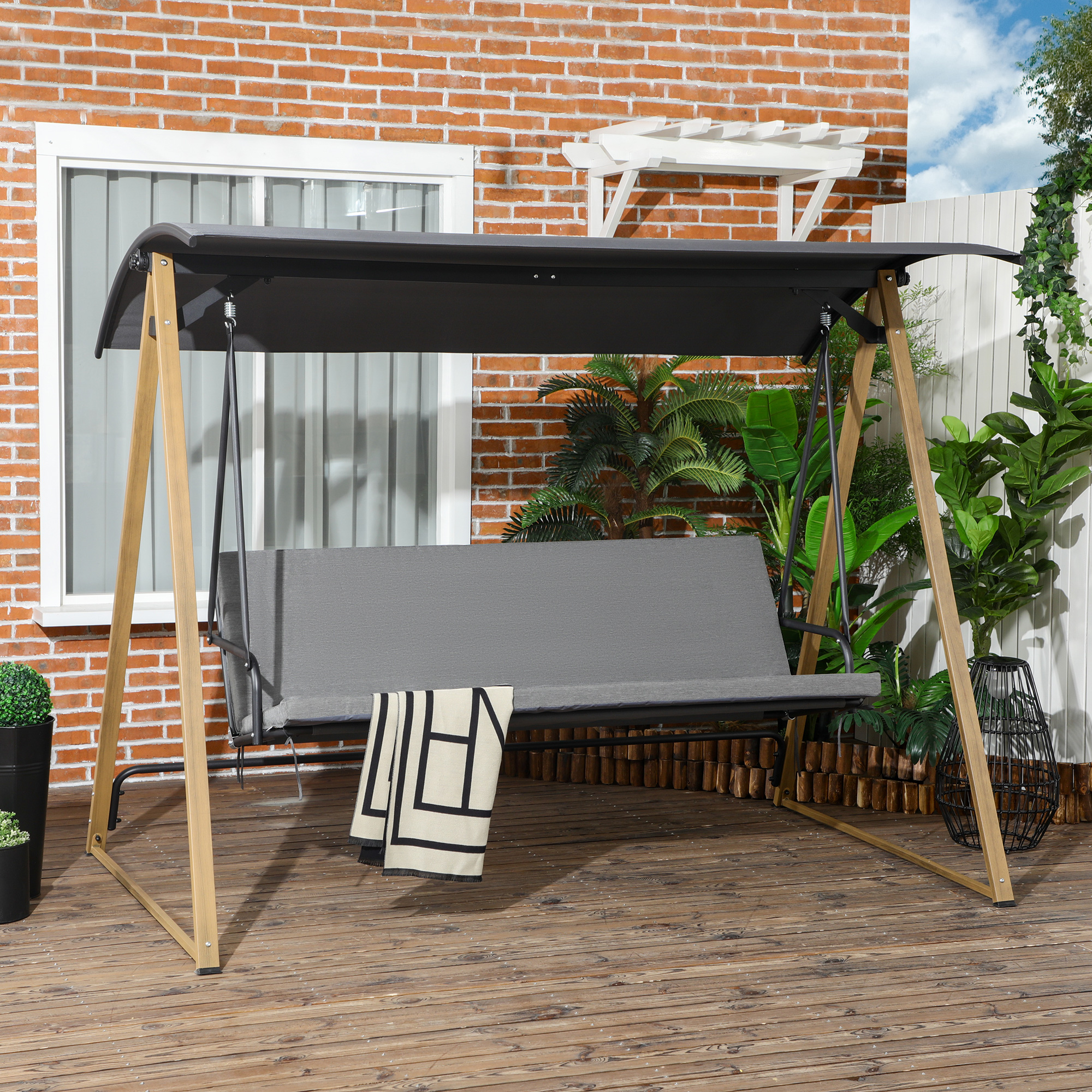 Outsunny 3 Seater Swing Chair, Garden Swing Bench with Adjustable Canopy, Cushioned Seat and Weather Resistant Steel Frame for Patio, Yard 2