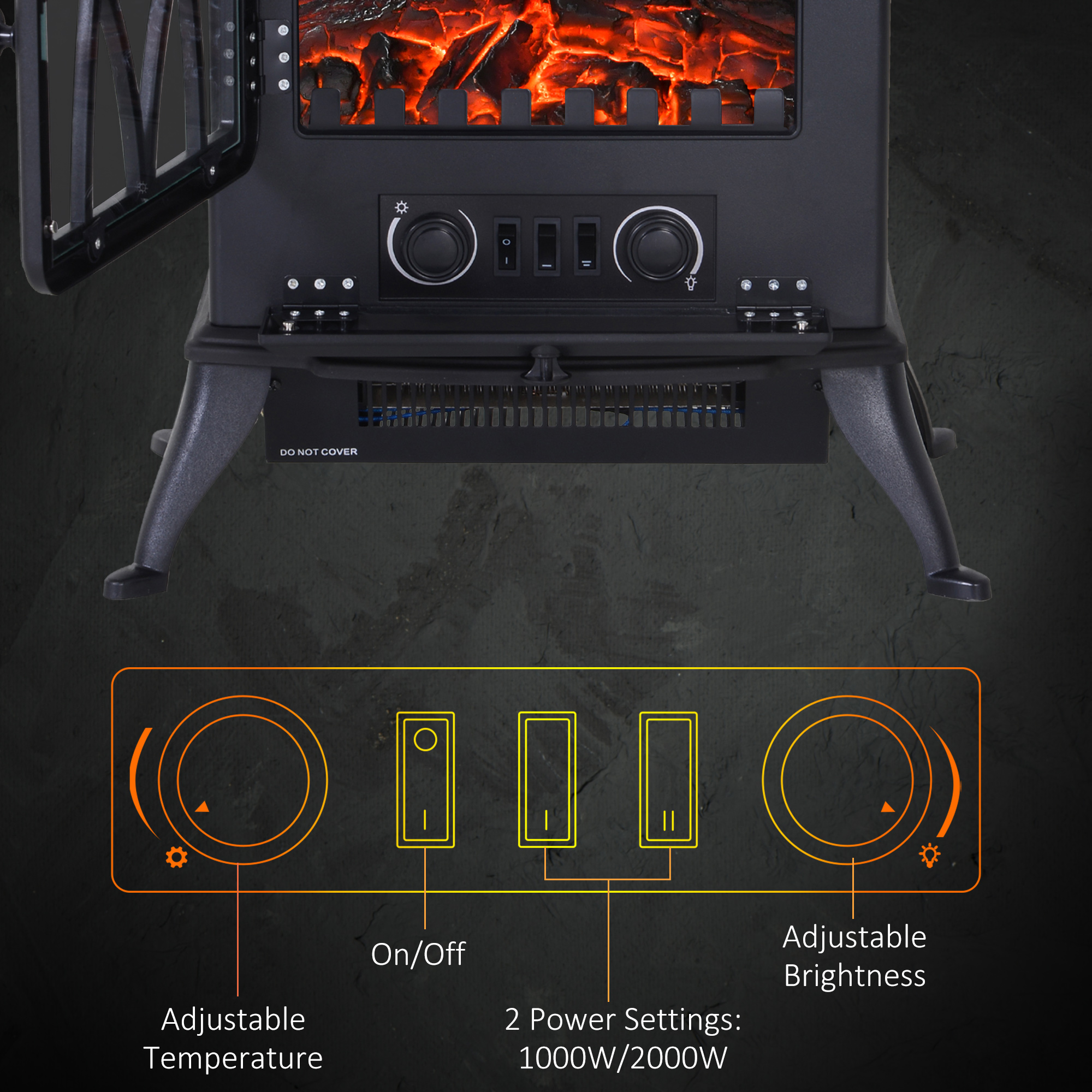 HOMCOM Electric Stove Heater with Realistic Flame Effect, 2000W Portable Indoor Freestanding Electric Fireplace with Adjustable Thermostat, Black 5