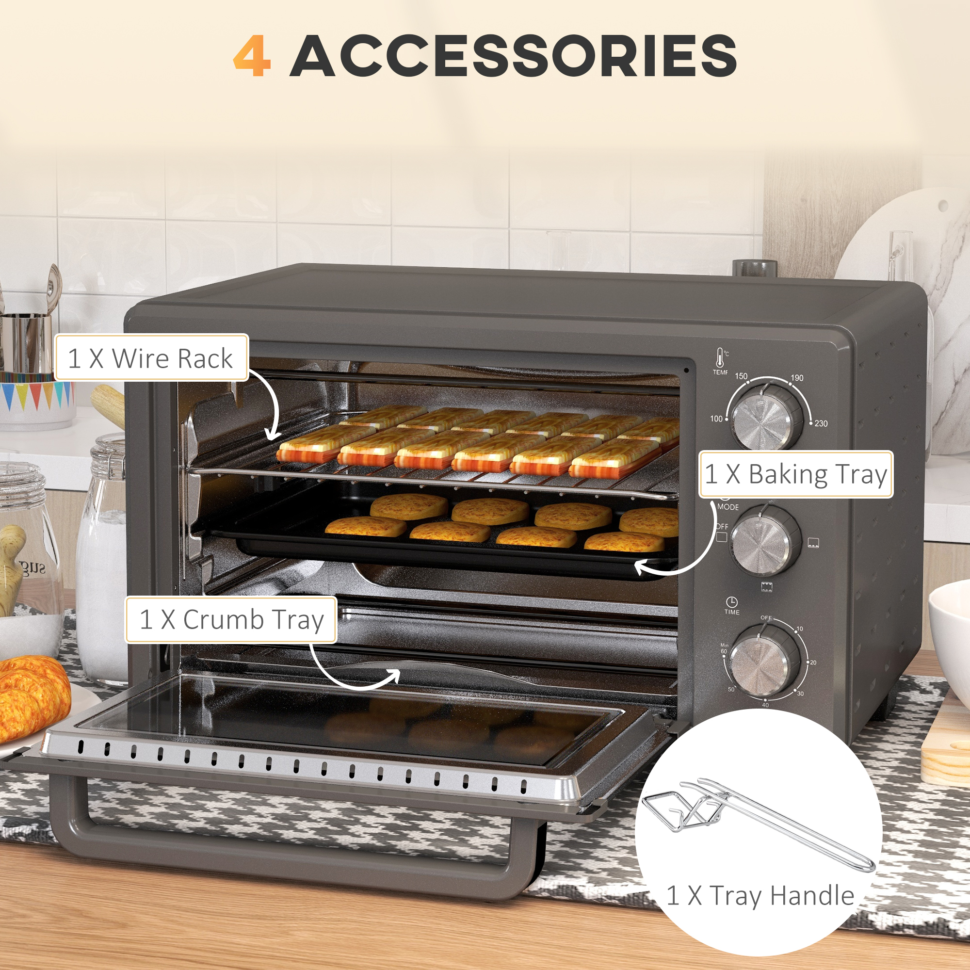 HOMCOM 21L Mini Countertop Oven, 100°C-230°C Adjustable Temp Grey 6
