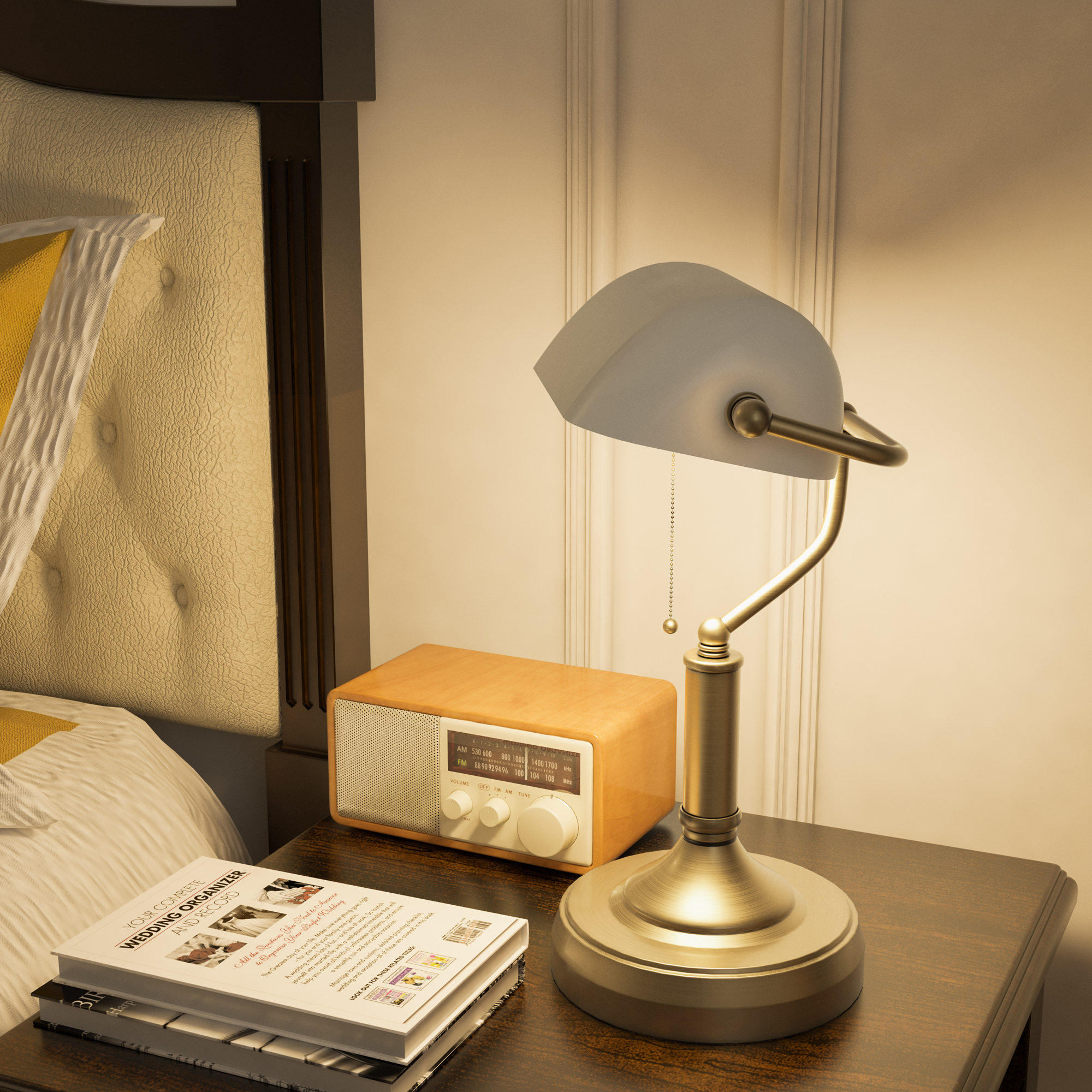 HOMCOM Banker's Desk Lamp with Antique Bronze Tone Base, Table Lamp with White Glass Shade for Home Office, White 7