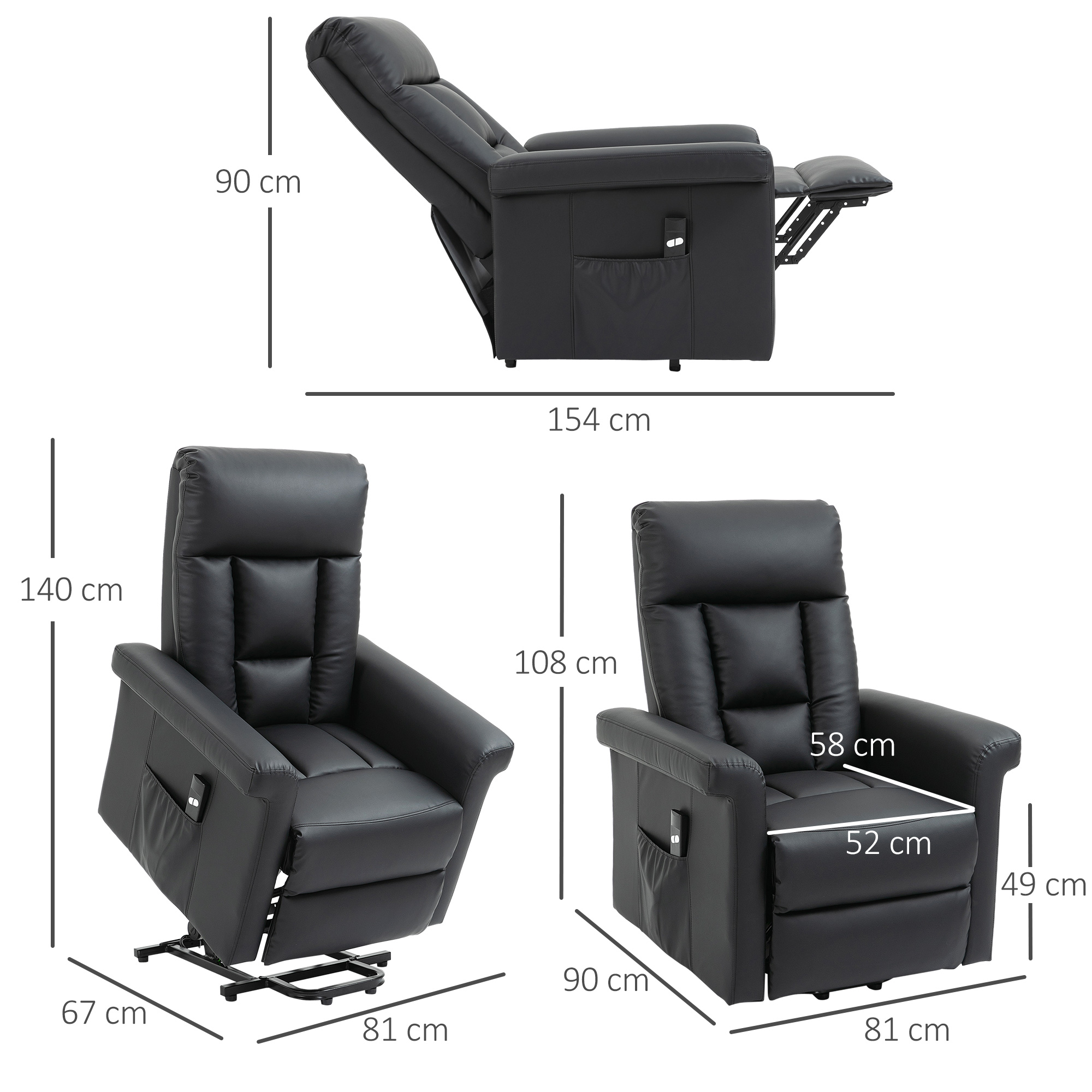 HOMCOM Power Lift Chair Armchair for the Elderly, PU Leather Recliner Chair with Extended Footrest, Remote Control and Side Pocket, Black 3