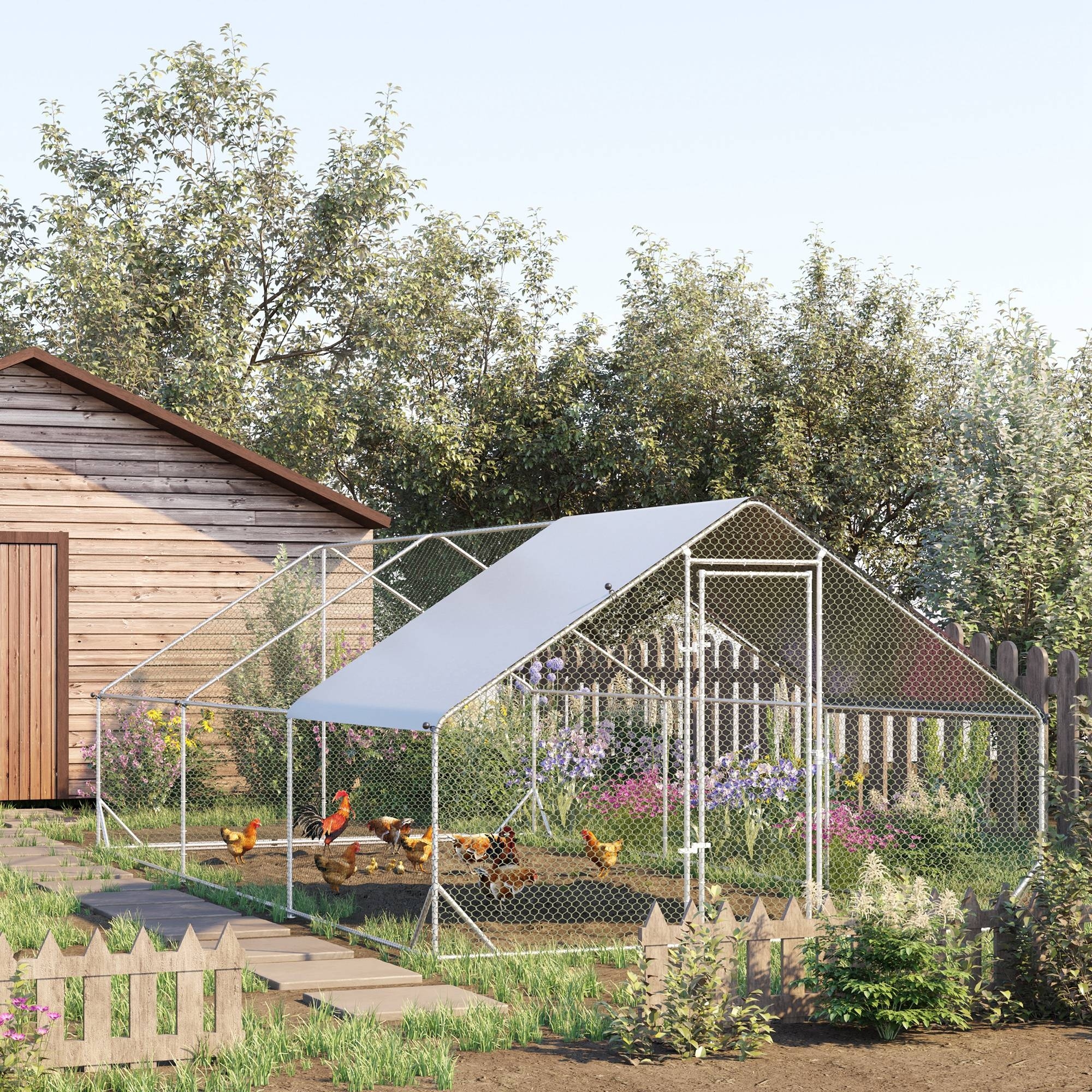 PawHut Large Hen Coop, Galvanised Walk In Chicken Run with Cover, 6 x 3 x 2m, Silver 2