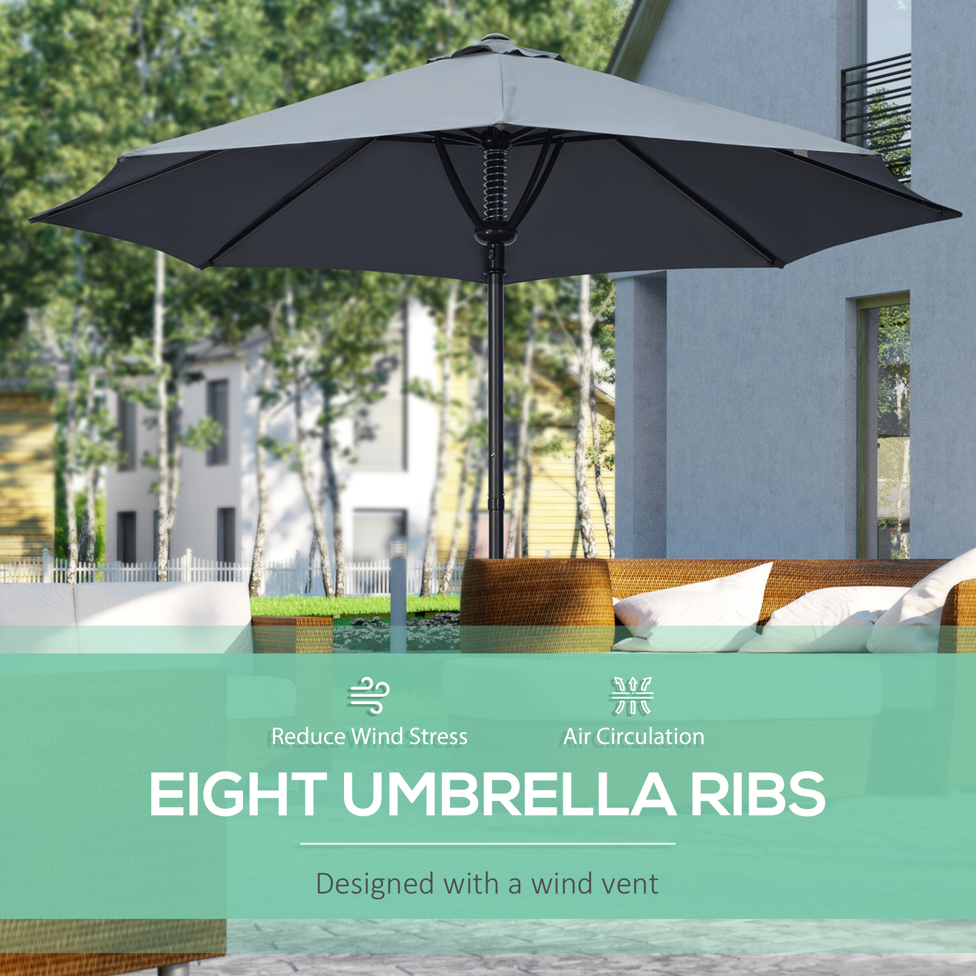 Outsunny Garden 3(m) Parasol Umbrella, Outdoor Market Table Umbrella Sun Shade Canopy with 8 Ribs, Easy Push to Open, Grey 4