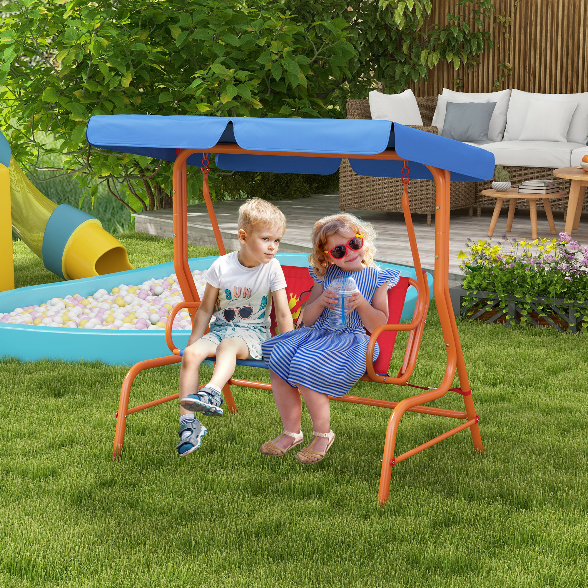 Outsunny Two Seater Kids Garden Swing, Cowboy Themed kids Swing Chair with Adjustable Canopy, Safety Belts for Outdoor Use 2