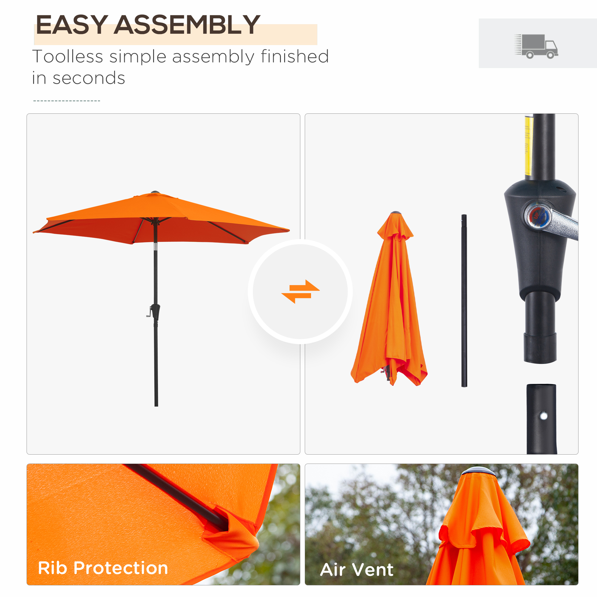 Outsunny 2.6M Garden Parasol Umbrella with Tilt and Crank, Outdoor Sun Parasol Sunshade Shelter with Aluminium Frame, Orange 6