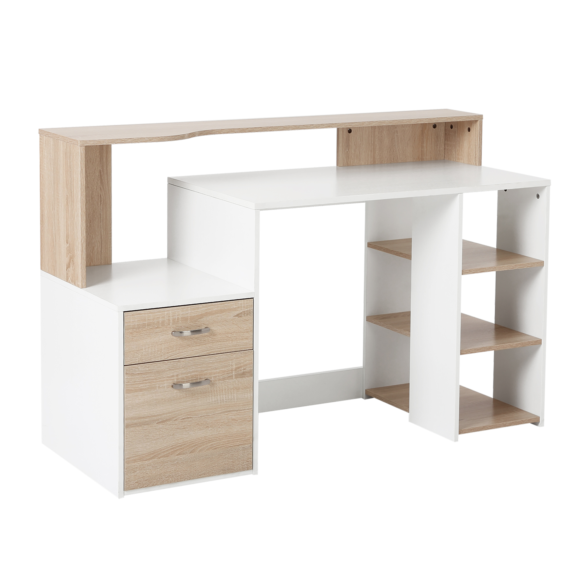 HOMCOM Mesa de Ordenador Escritorio de Oficina con 3 Estantes 2 Cajones Madera 137x55x92cm Roble y Blanco | Aosom España
