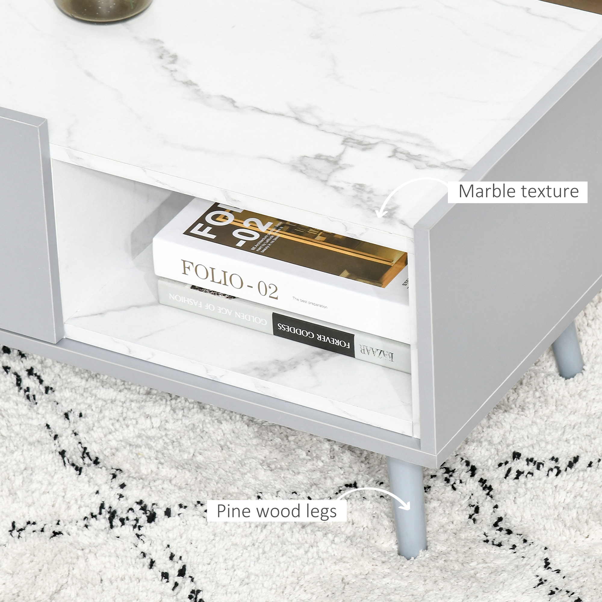 HOMCOM White Coffee Table with Faux Marble Top, 2-Tier Wood Center Table Sofa Table with Storage Drawer and Shelf for Home Living Room Reception Room 4