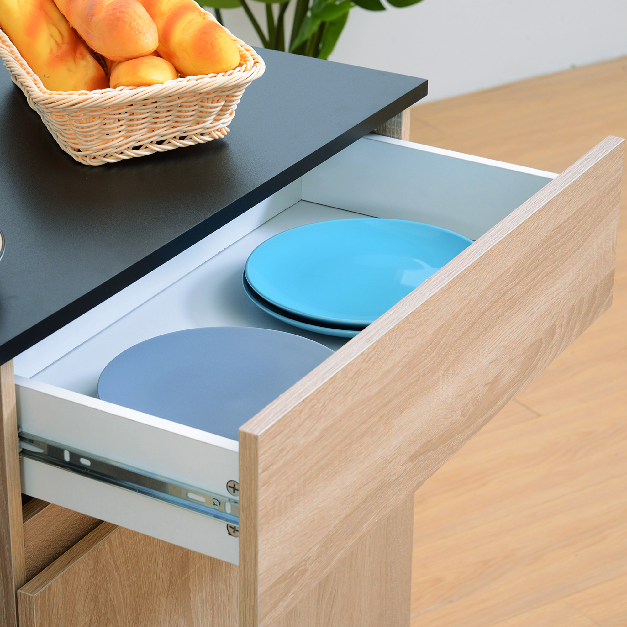 HOMCOM Kitchen Storage Trolley Cart Cupboard Rolling Island Shelves Cabinet With Door and Drawer Locking Wheels 9