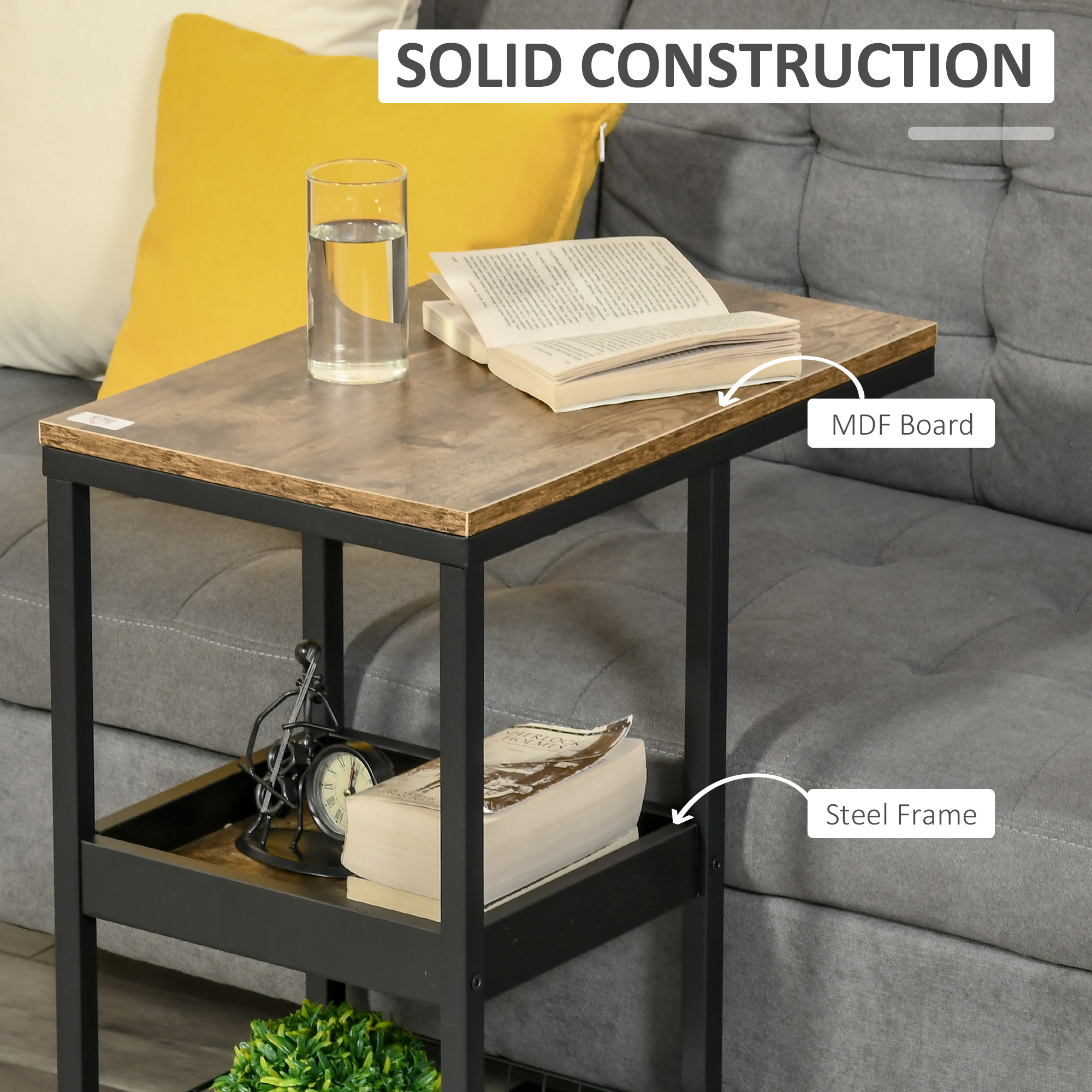 HOMCOM Mobile Sofa Side Table, Industrial C-Shaped Rolling Table with 3-Tier Storage Shelving, Four Lockable Wheels Steel Frame, Dark Brown 7