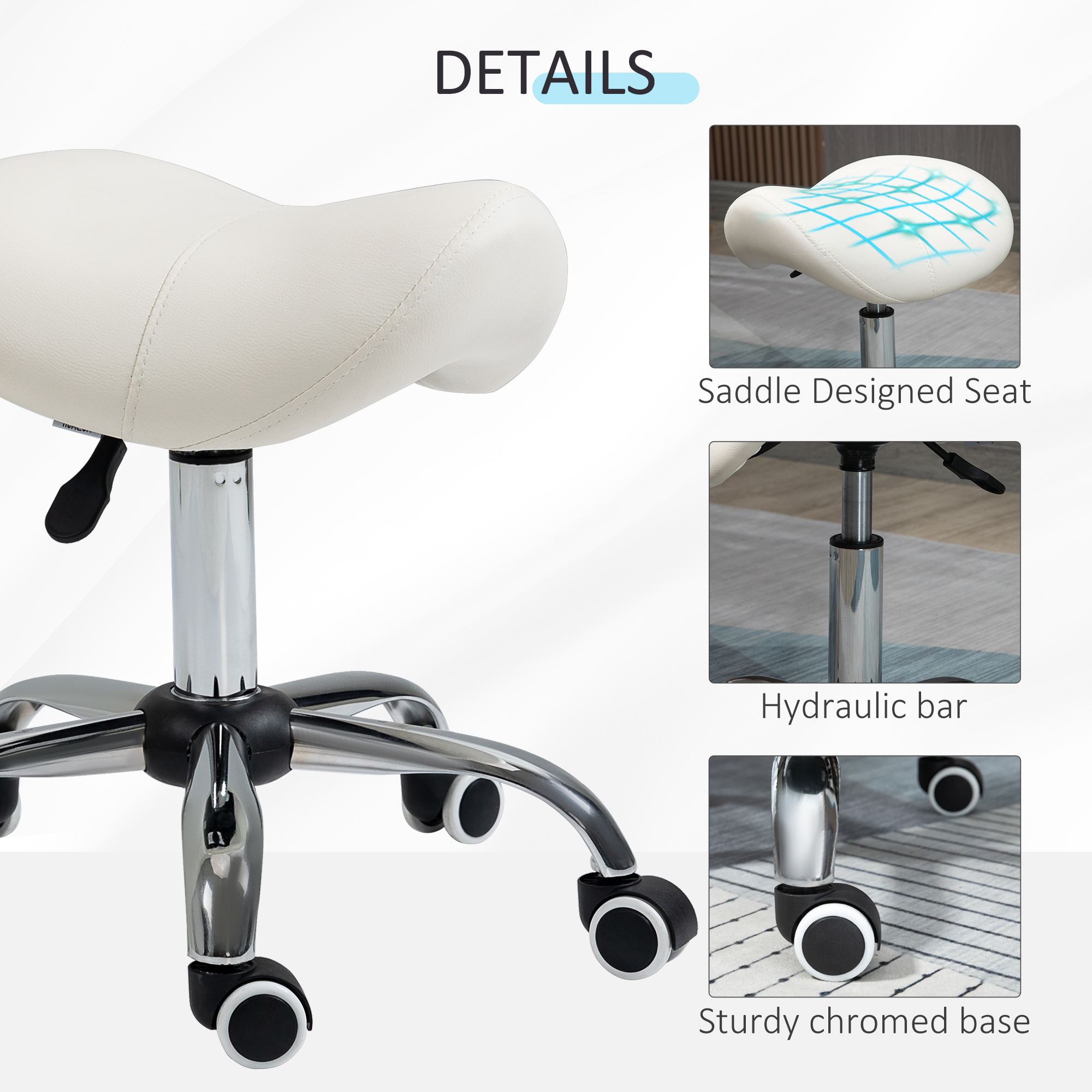 HOMCOM Cosmetic Stool 360° Rotate Height Adjustable Salon Massage Spa Chair Hydraulic Rolling Faux Leather Saddle Stool, Cream 6