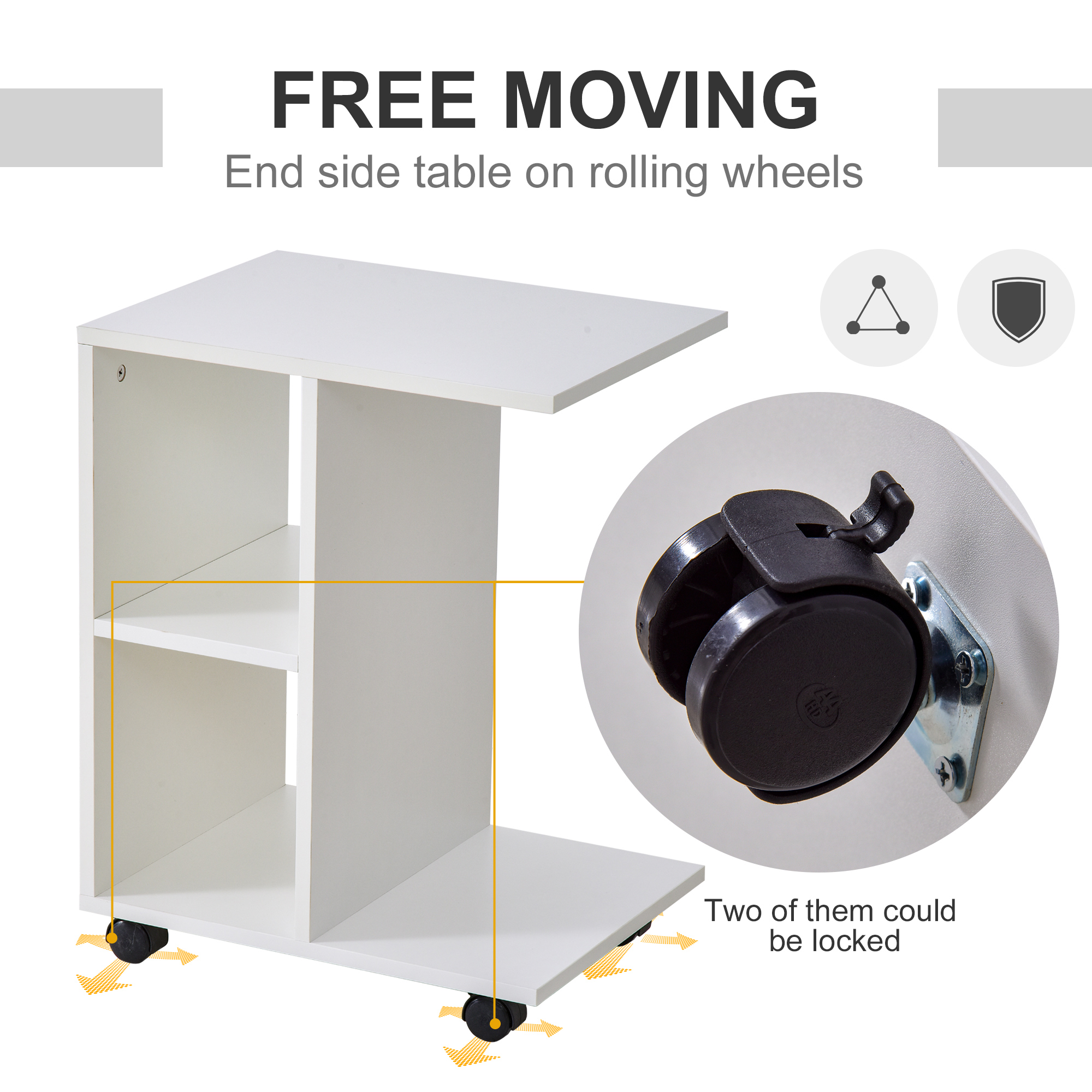 HOMCOM C-Shape End Table Unique Storage Unit w/ 2 Shelves 4 Wheels Freestanding Home Furniture Cabinet Square White 5